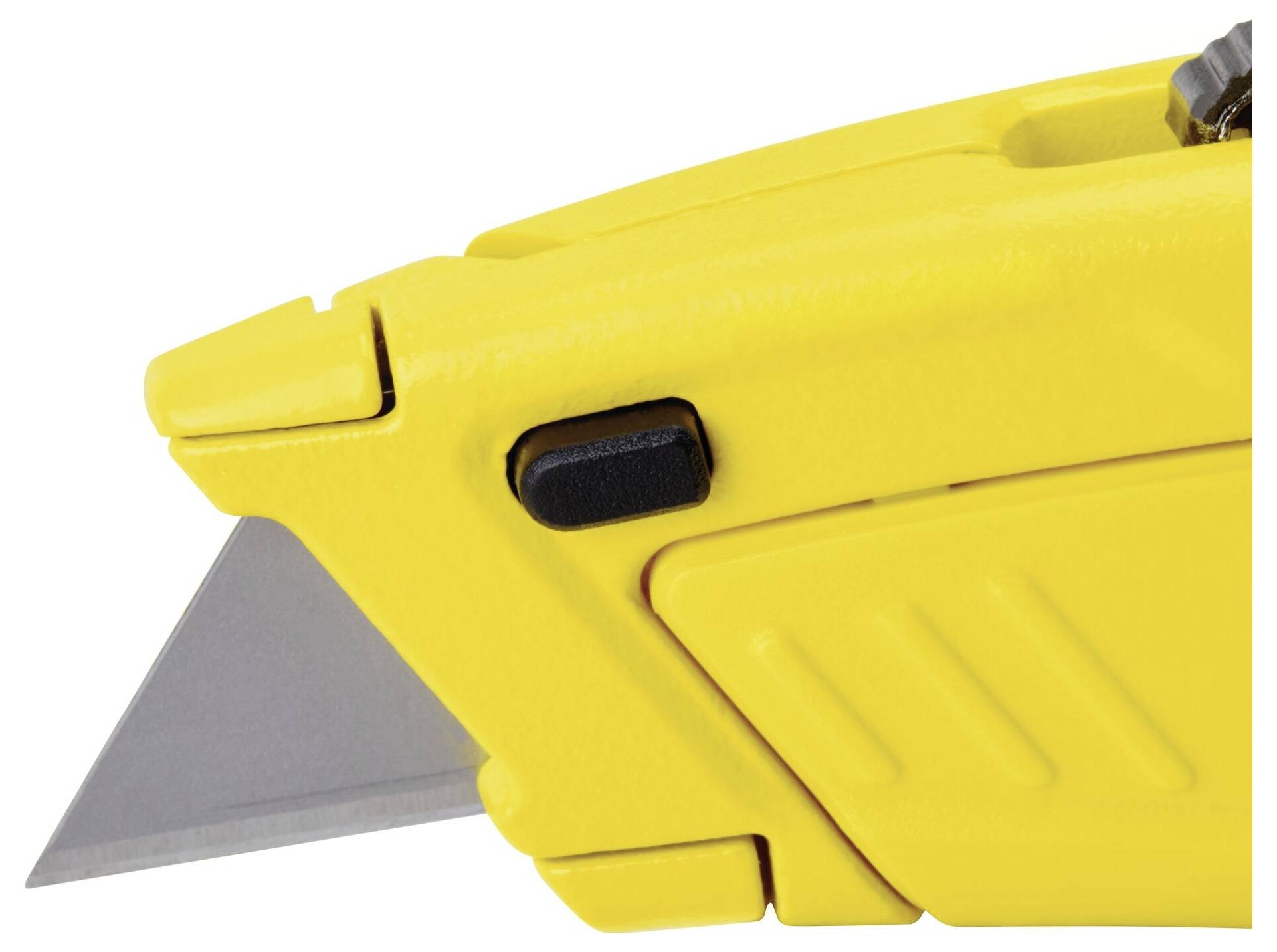 Gelbes Universalmesser mit ausfahrbarer, scharfer Klinge und schwarzem Schieberegler zur Sicherheitskontrolle.