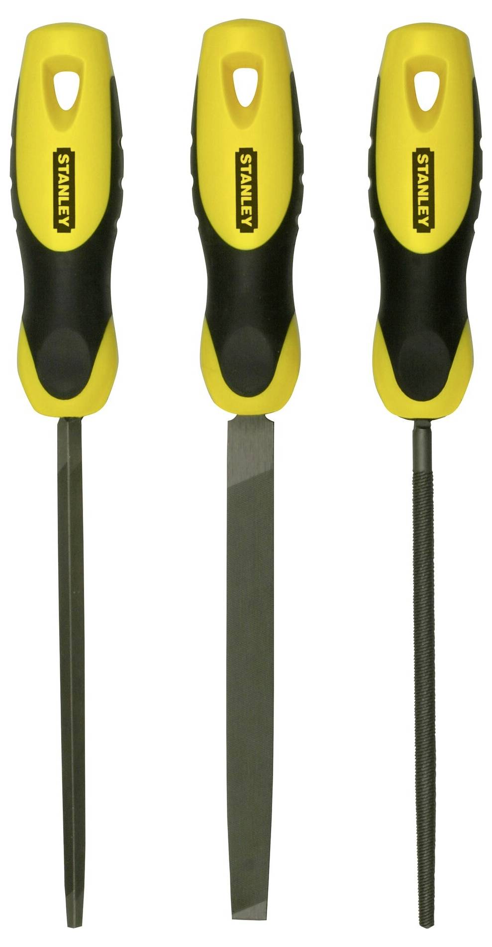 Drei gelbe und schwarze Stanley-Feilen mit unterschiedlichen Klingenformen, die nebeneinander stehen.