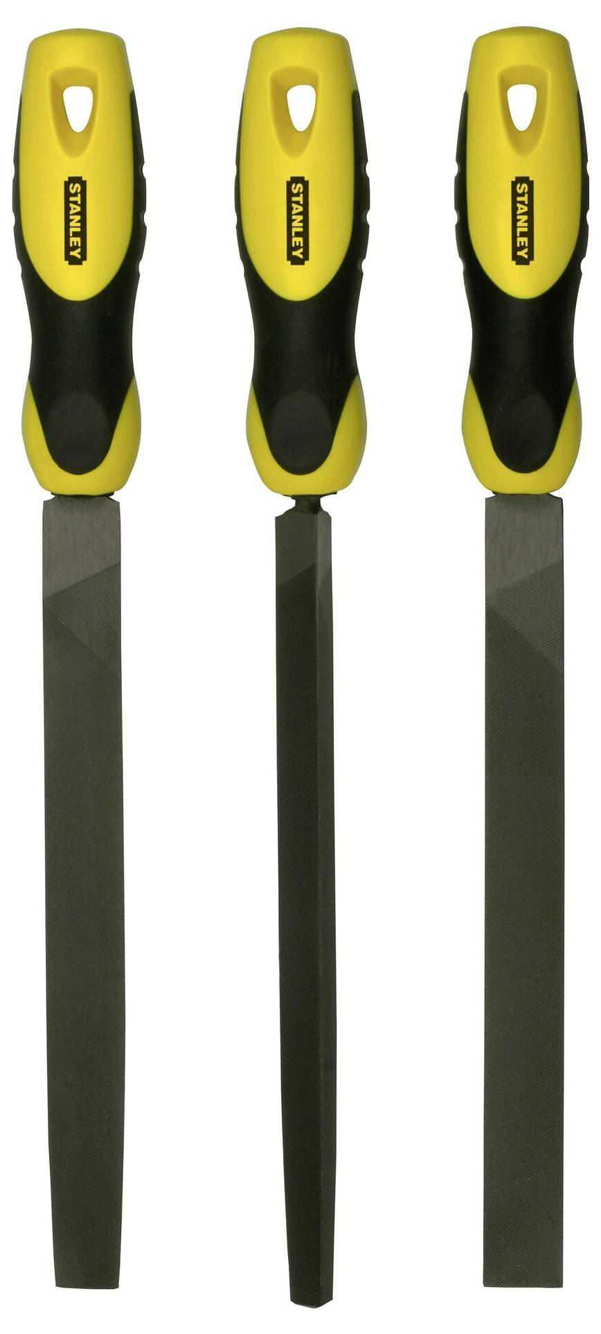 Drei Metallfeilen mit gelben und schwarzen Griffen in verschiedenen Formen: flach, halbrund und dreikant, nebeneinander liegend.