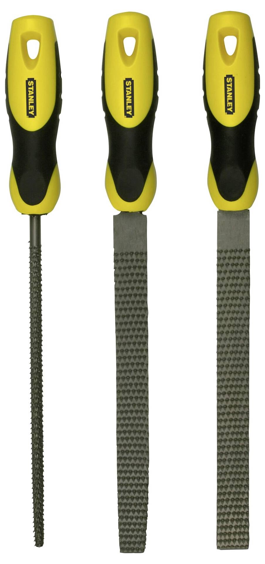 Drei gelb-schwarze Feilen mit unterschiedlichen Formen und Griffen, nebeneinander angeordnet. Links rund, rechts rechteckig.
