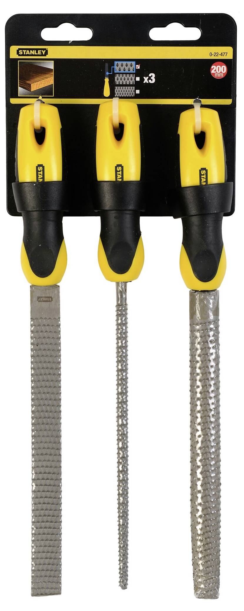 Drei gelbe Stanley Feilen mit schwarzen Griffen in einer Verpackung für Handwerkerarbeiten dargestellt.
