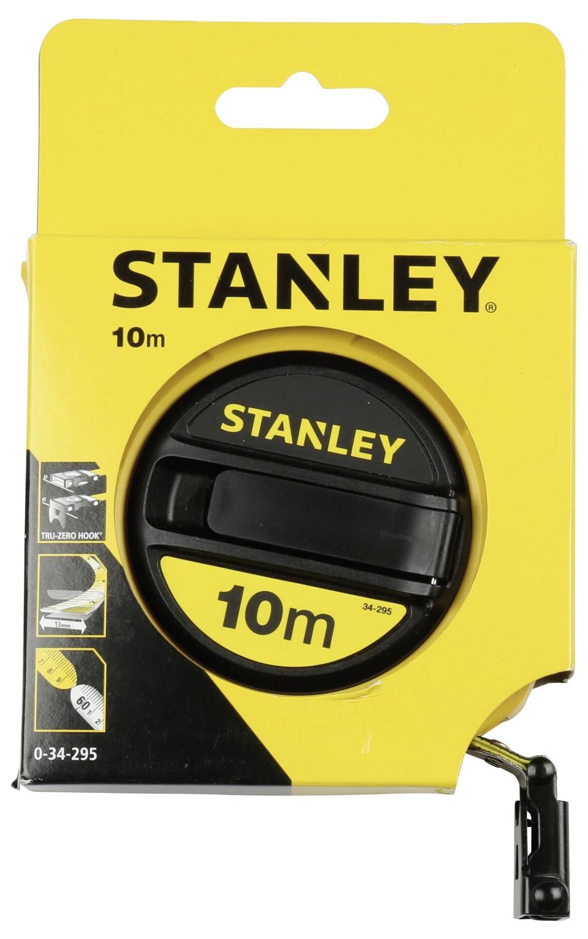 Gelbes Verpackungsetikett für ein Stanley-Maßband mit 10 Metern. Zeigt das runde schwarze Maßband mit sichtbarer Bandlänge.