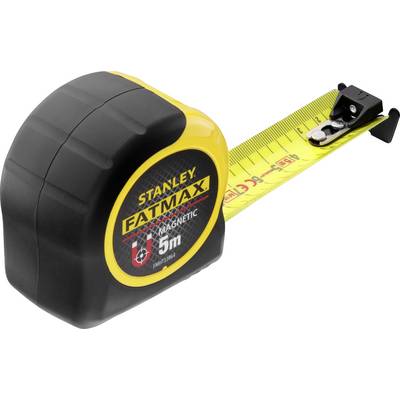 Schwarz-gelbes Maßband von Stanley, 5 Meter lang. In der Nahaufnahme ist das ausgerollte Band mit Zentimeter-Markierungen sichtbar.