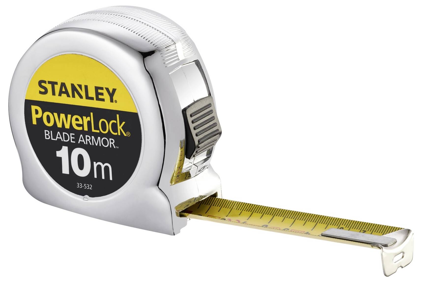Ein silberfarbenes Maßband von Stanley mit gelbem und schwarzem Etikett 'PowerLock Blade Armor 10m'. Das Band ist teilweise ausgezogen.