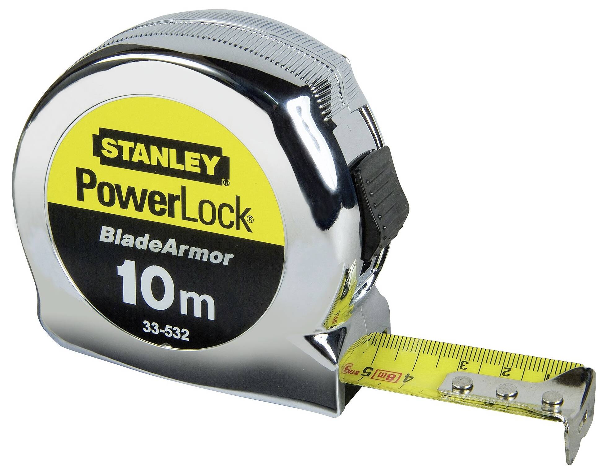 Ein Maßband mit silbernem Gehäuse und der Aufschrift 'STANLEY PowerLock BladeArmor 10m 33-532', das Band ist teilweise ausgezogen.