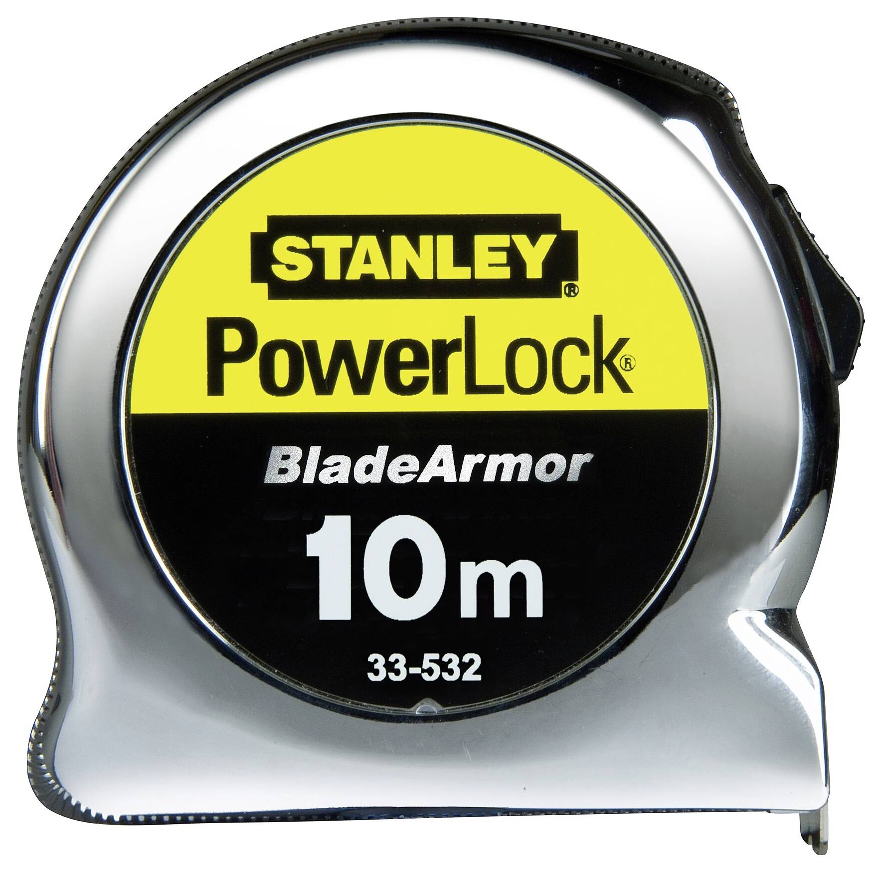 Maßband mit silbernem Gehäuse und gelbem Schild, Aufschrift 'Stanley PowerLock BladeArmor 10m'.