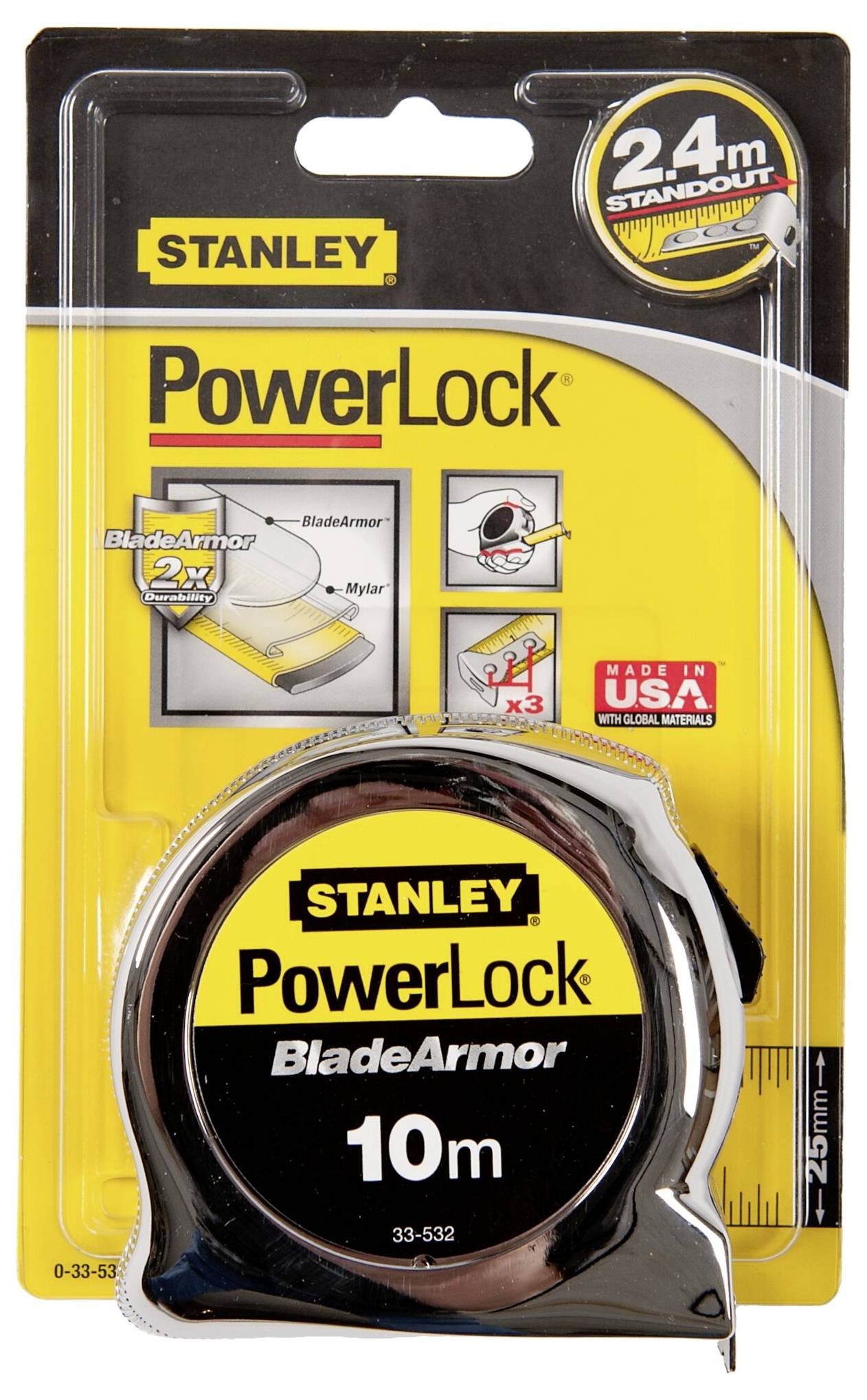 Ein 'Stanley PowerLock' Maßband, 10 Meter Länge. Verpackung betont langlebige BladeArmor-Beschichtung und 2,4 Meter Herausziehweite.