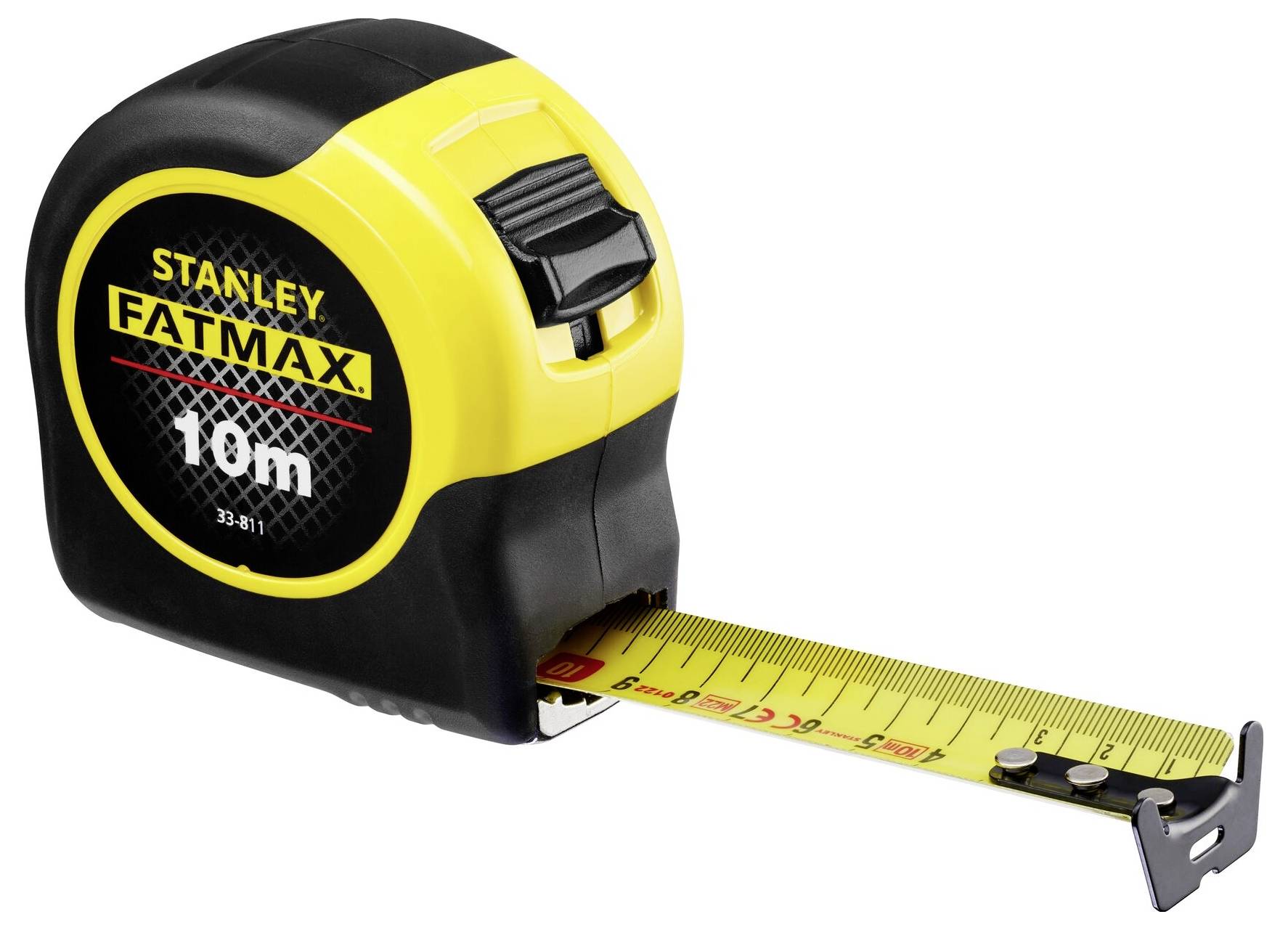 Ein Maßband mit gelbem Gehäuse und schwarzem Griff, das 10 Meter messen kann. Marke 'Stanley Fatmax' ist sichtbar aufgedruckt.