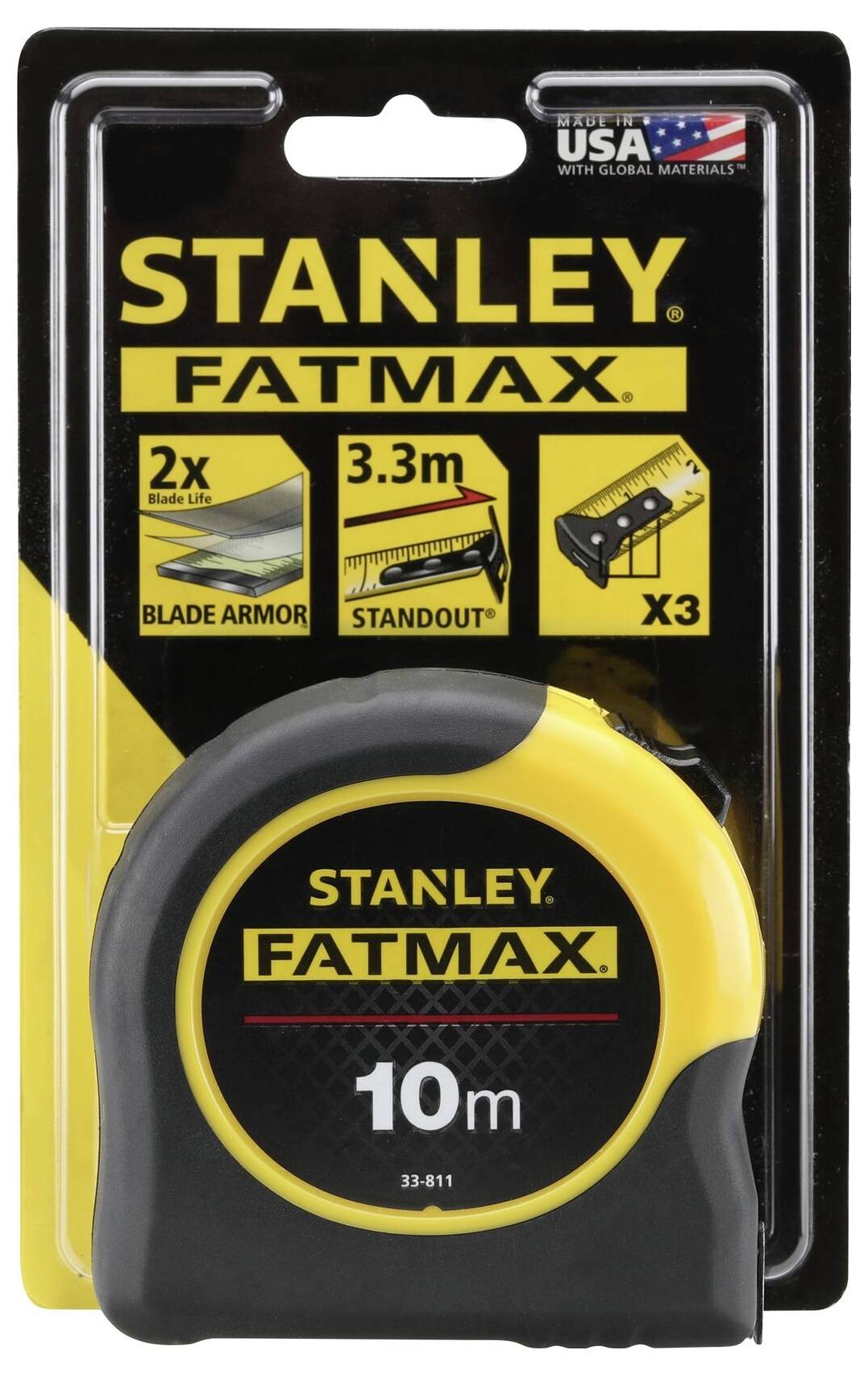 Stanley Fatmax Maßband, 10m, in Verpackung. Aufdruck: 'Blade Armor', '3.3m Standout', 'X3'. Zeigt Vermessungseigenschaften.