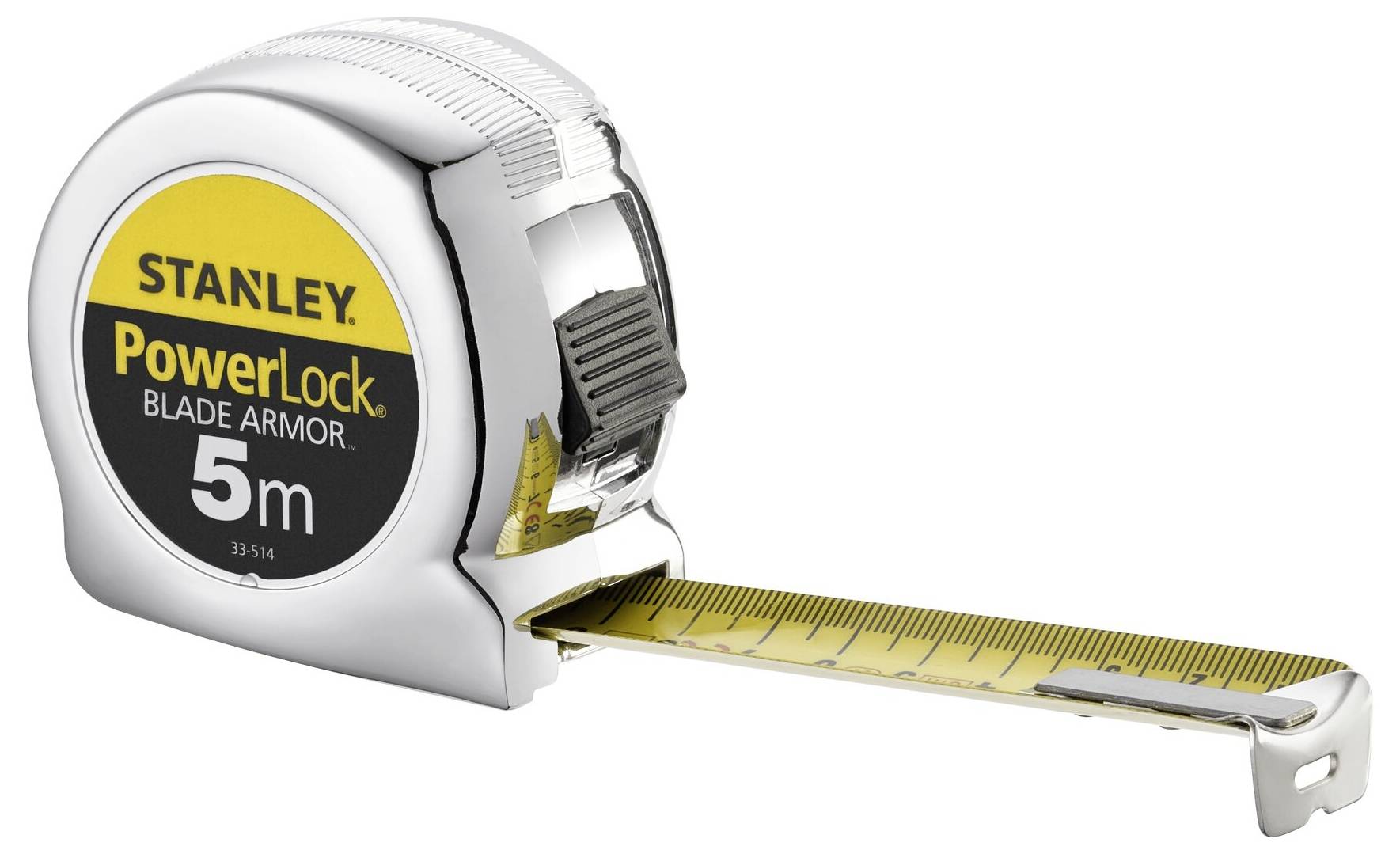 Ein silberfarbenes Bandmaß von Stanley mit gelber und schwarzer Beschriftung 'PowerLock 5m'. Das Maßband ist teilweise ausgezogen.