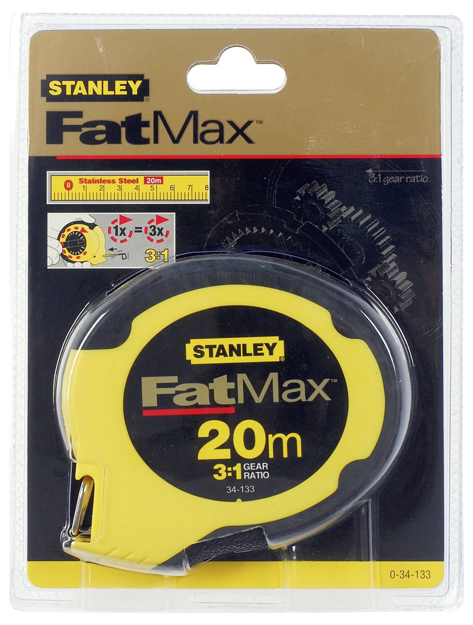 'STANLEY FatMax' Bandmaß, 20 Meter Länge, gelb-schwarzes Gehäuse, 3-in-1 Getriebe, Messskala aus rostfreiem Stahl, im Blisterpack.