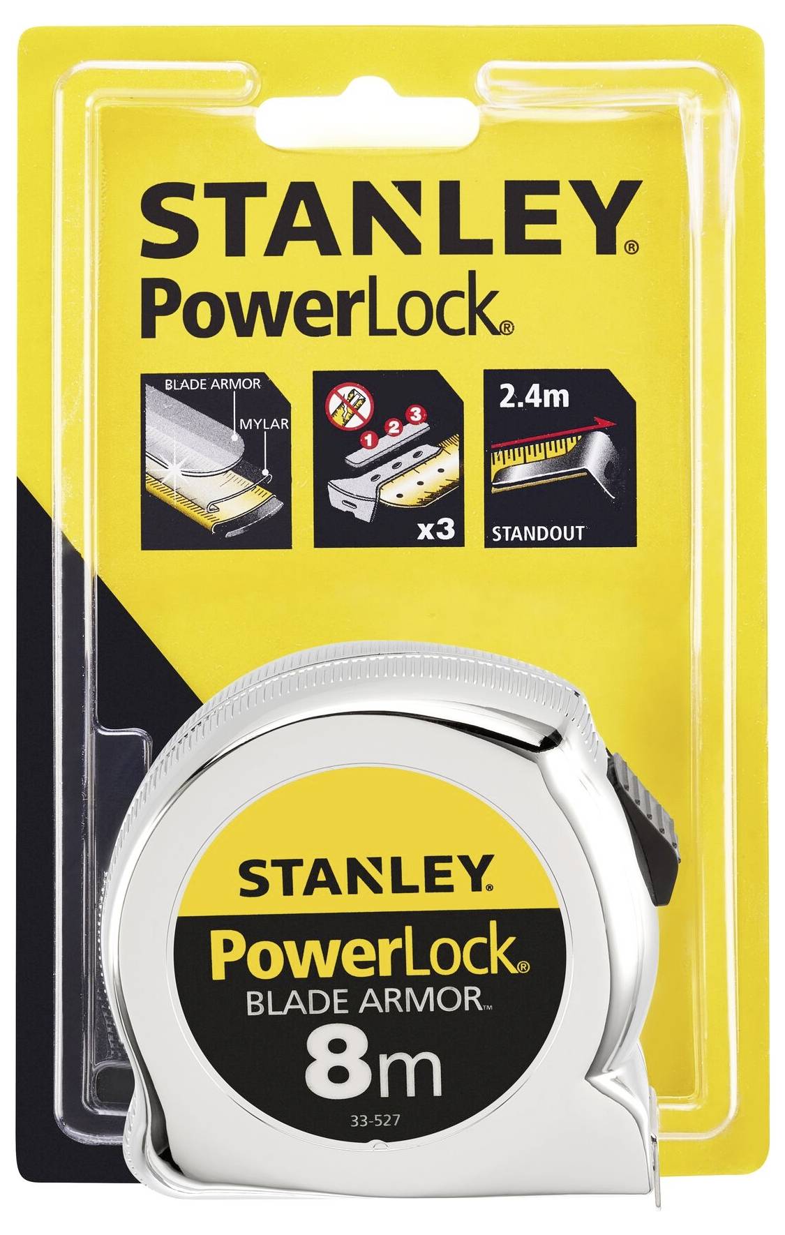 Ein verpacktes 8-Meter Stanley PowerLock-Maßband mit Blade Armor und 2,4 Meter Standout. Verpackung zeigt zusätzliche Eigenschaften.