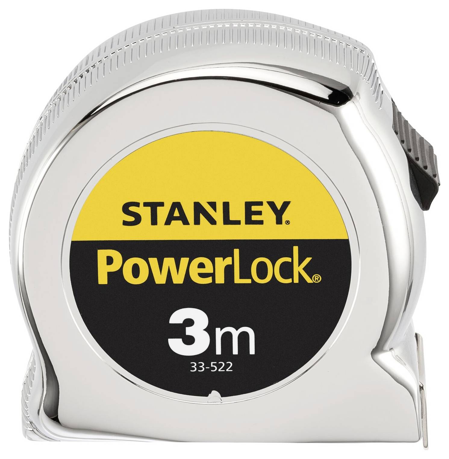 Ein silbernes Maßband mit gelbem und schwarzem Aufkleber, auf dem 'STANLEY PowerLock 3m' steht.