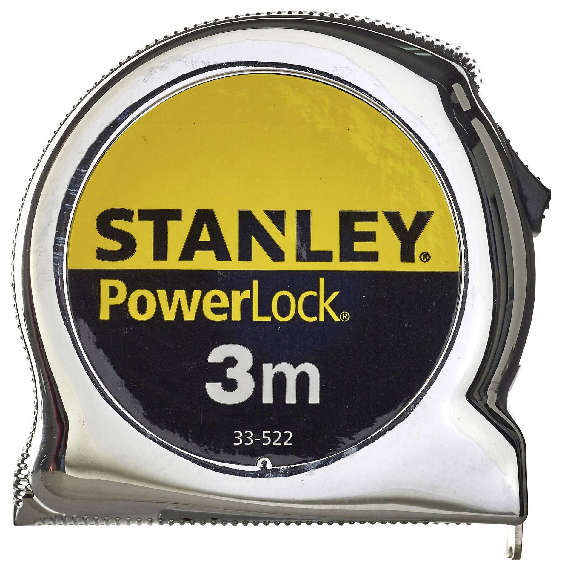 Ein silbernes Maßband mit gelben und schwarzen Aufkleber zeigt die Aufschrift 'STANLEY PowerLock 3m'.