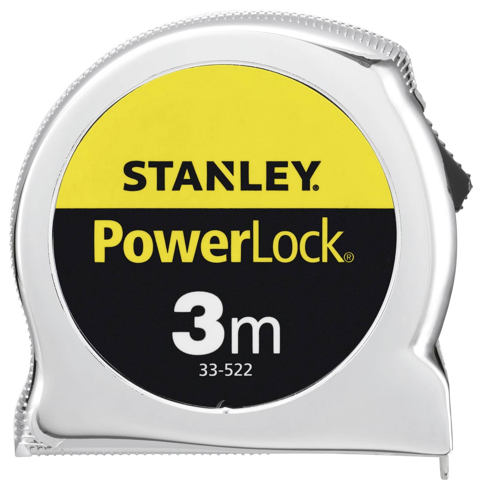 Ein silbernes Maßband der Marke 'Stanley PowerLock', Länge 3 Meter, mit gelbem und schwarzem Etikett, Modellnummer 33-522.