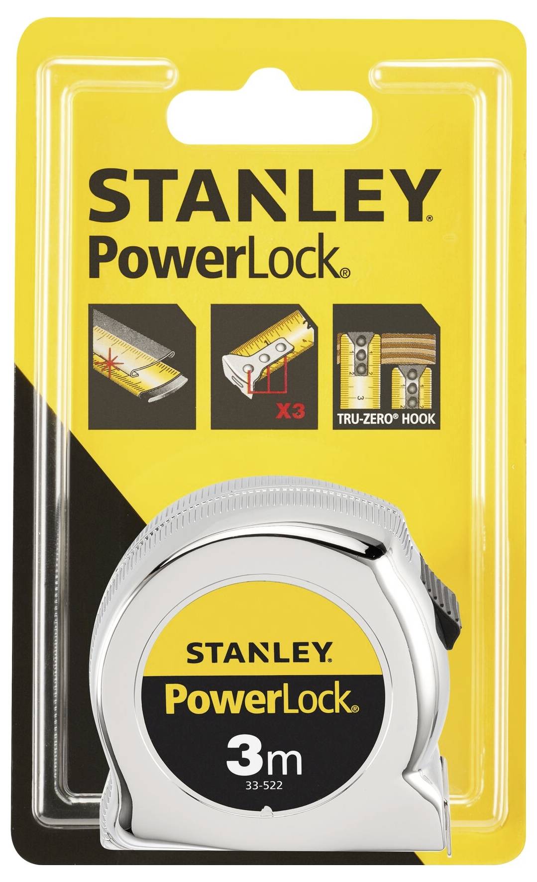Maßband in Verpackung mit gelbem Hintergrund. Markiert als 'Stanley PowerLock 3m'. Verpackung zeigt technische Details.