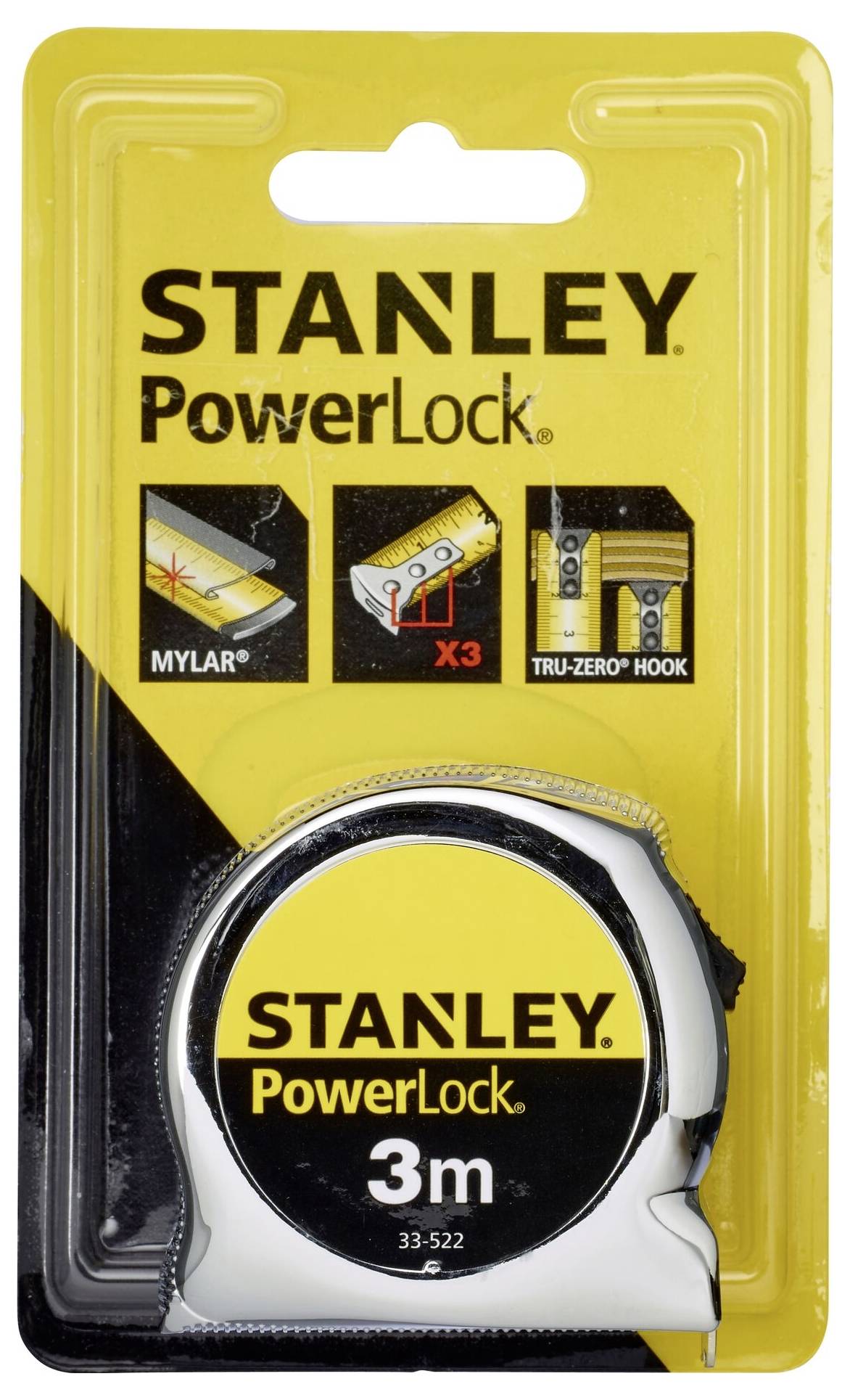 'Maßband, Marke Stanley PowerLock, 3 Meter Länge, gelb-schwarzes Design. Verpackung zeigt Funktionen: Mylar-Beschichtung, Haken, verschleißfest.'