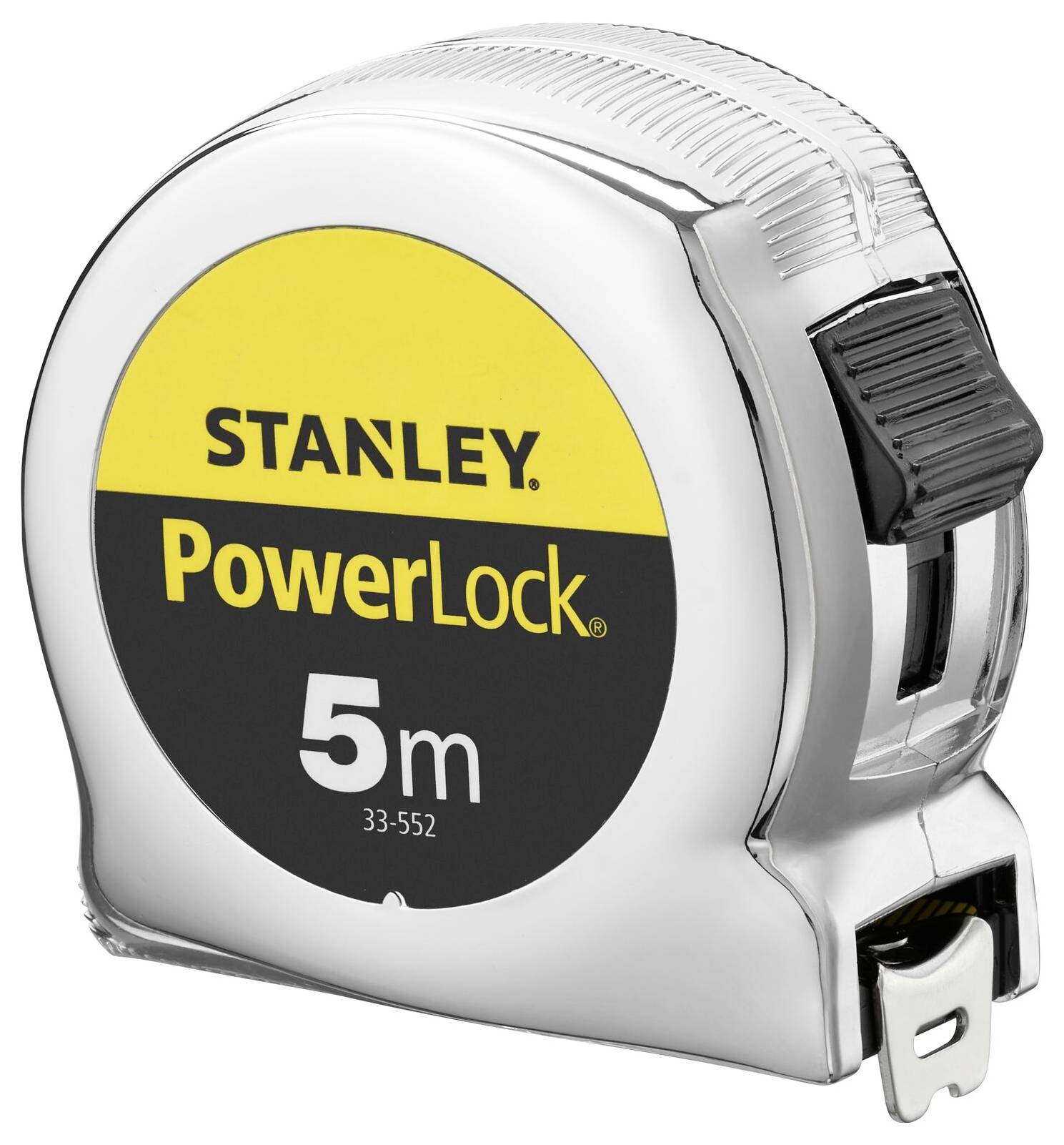 Ein Maßband mit der Aufschrift 'Stanley PowerLock 5 m'. Silbernes Gehäuse, kompaktes Design, geeignet für Messarbeiten bis 5 Meter.
