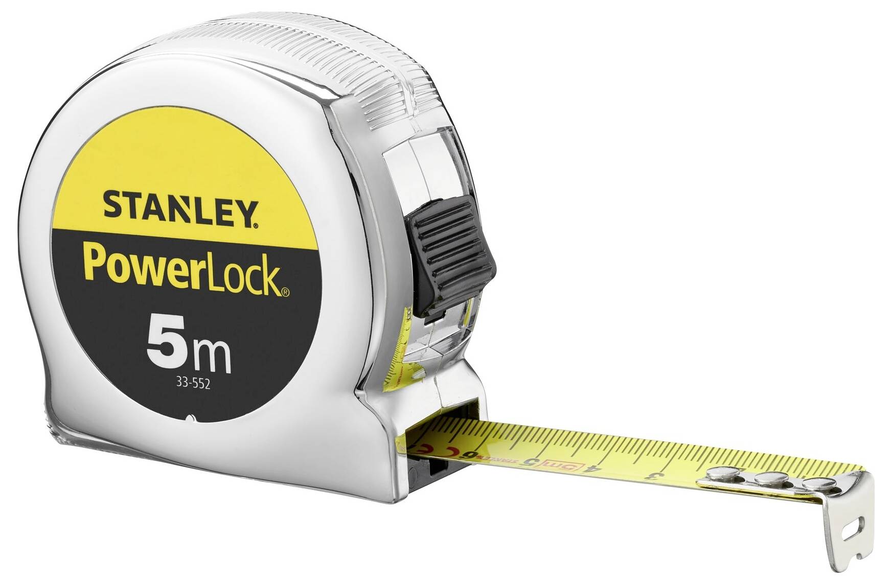 Ein Maßband mit 'Stanley PowerLock 5m' Beschriftung, silbernes Gehäuse, gelbes Band und schwarzer Haken, teilweise ausgezogen.