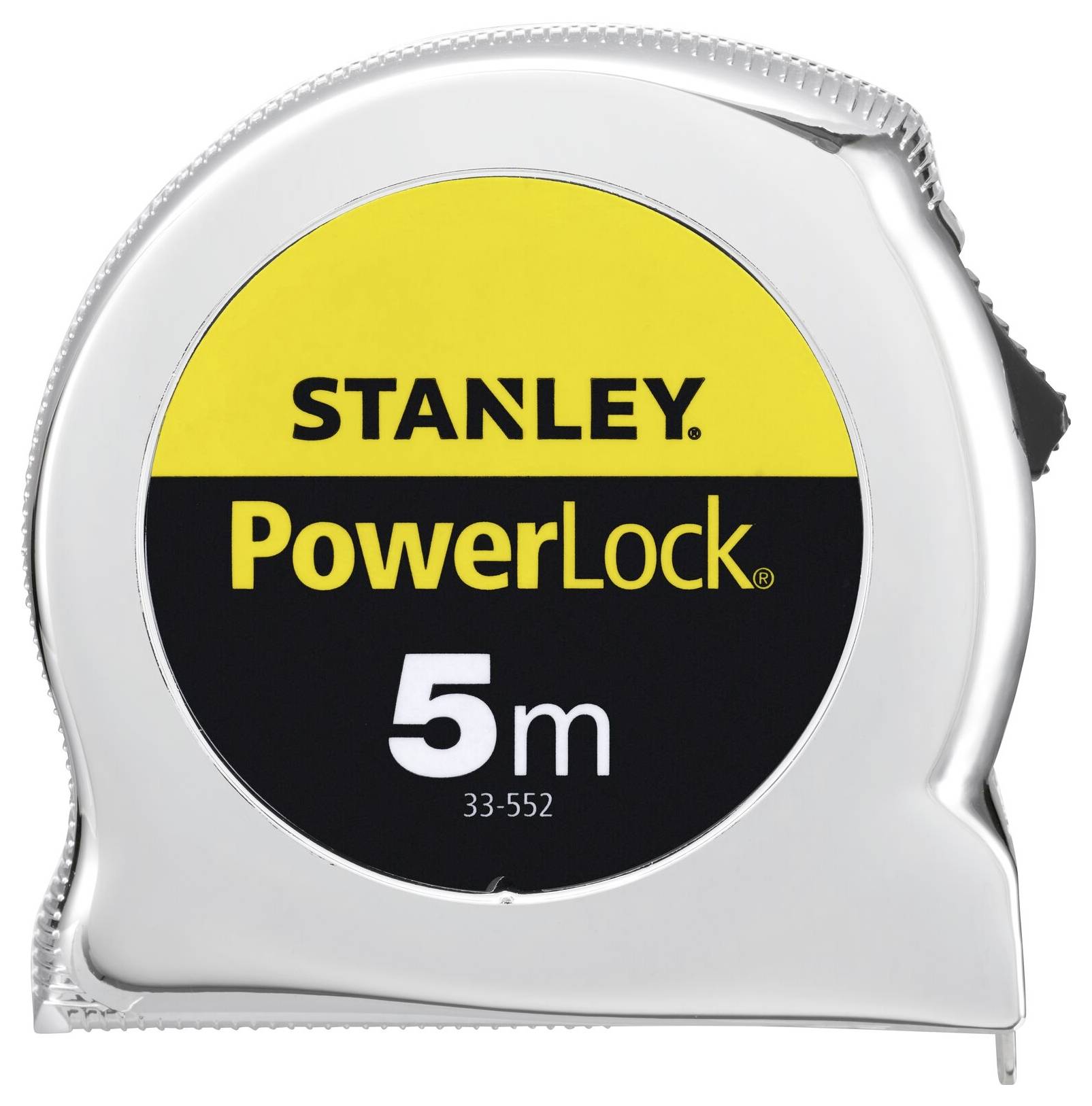 Maßband 'Stanley PowerLock' mit gelbem und schwarzem Logo, 5 Meter Länge, silbernes Gehäuse.