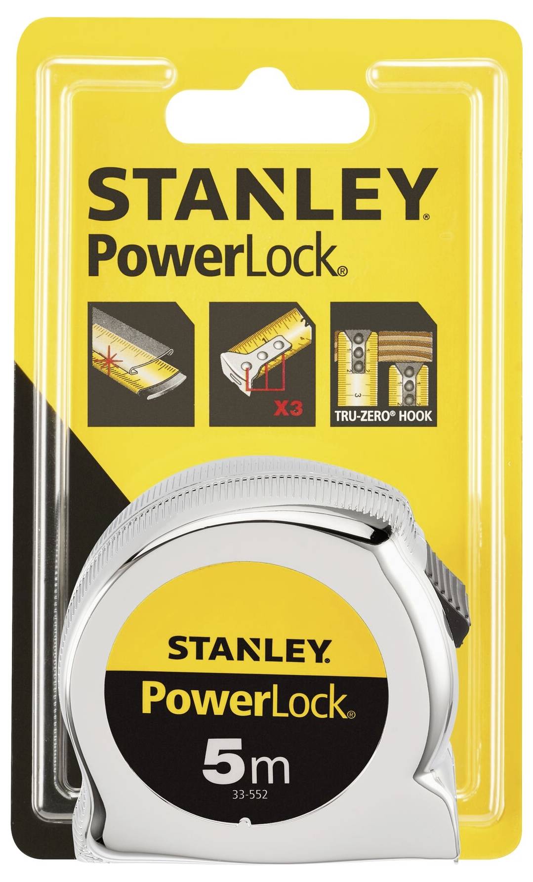 Abgebildet ist ein 5-Meter-Stanley PowerLock Maßband in seiner Verpackung. Die Verpackung zeigt Funktionen und Markenlogo.