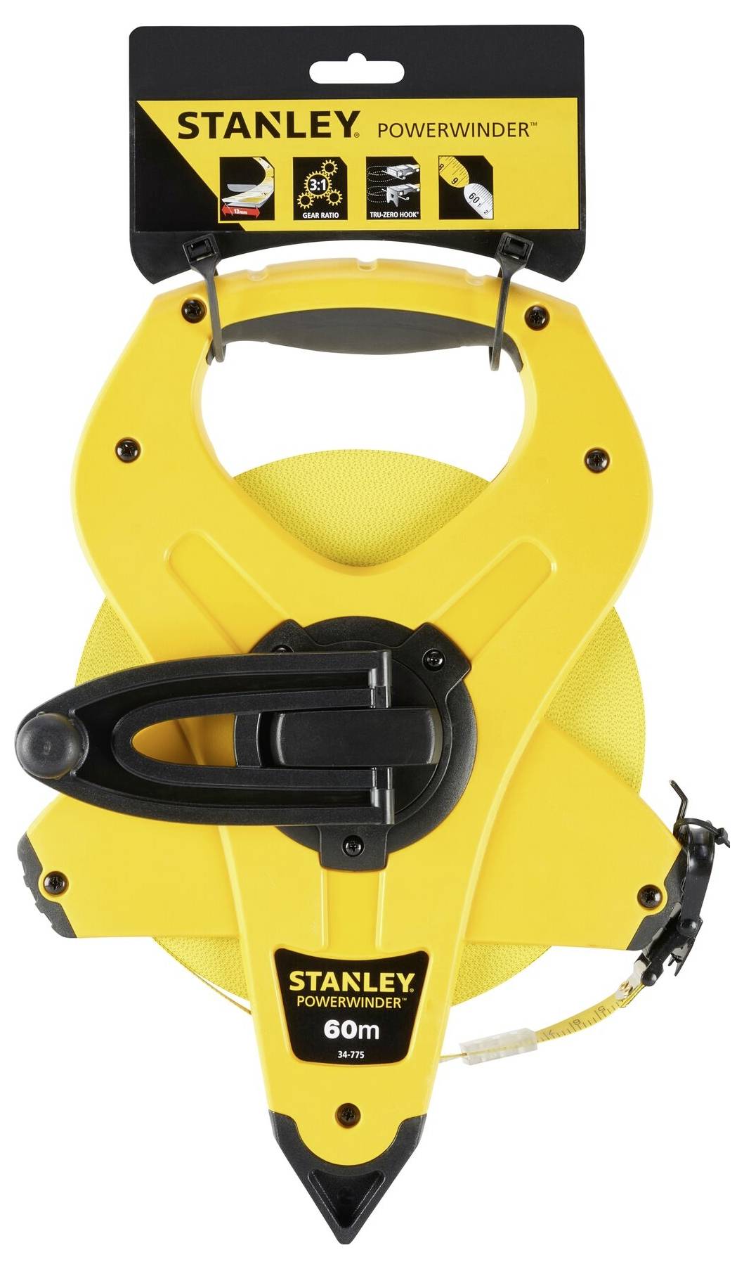 Gelbes 60m Maßband von Stanley, mit ergonomischem Griff und schwarzer Kurbel, geeignet für präzises Messen großer Entfernungen.