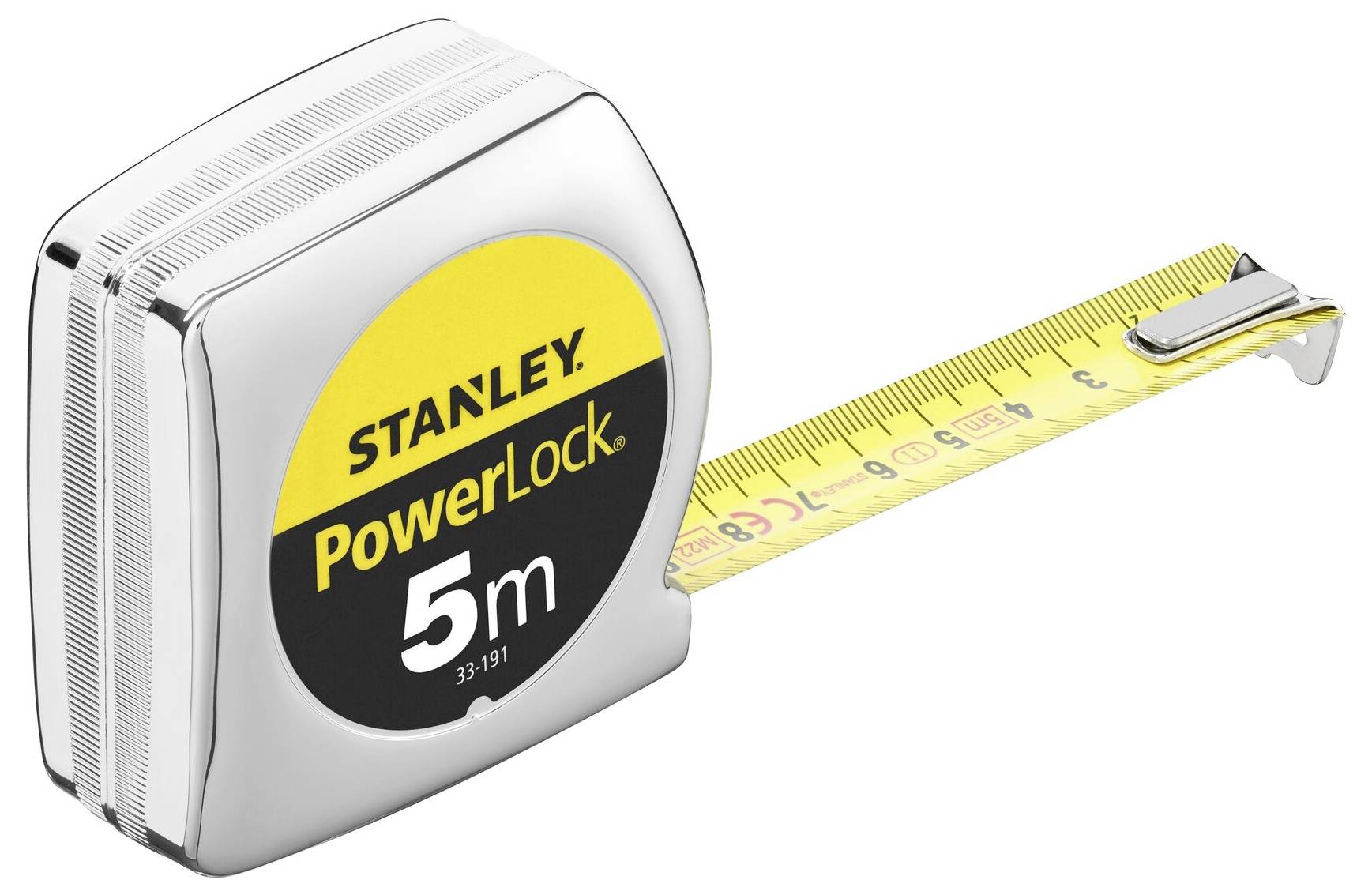 Ein silbernes Maßband mit gelbem Streifen, das 5 Meter messen kann, der Marke Stanley PowerLock, auf weißem Hintergrund.