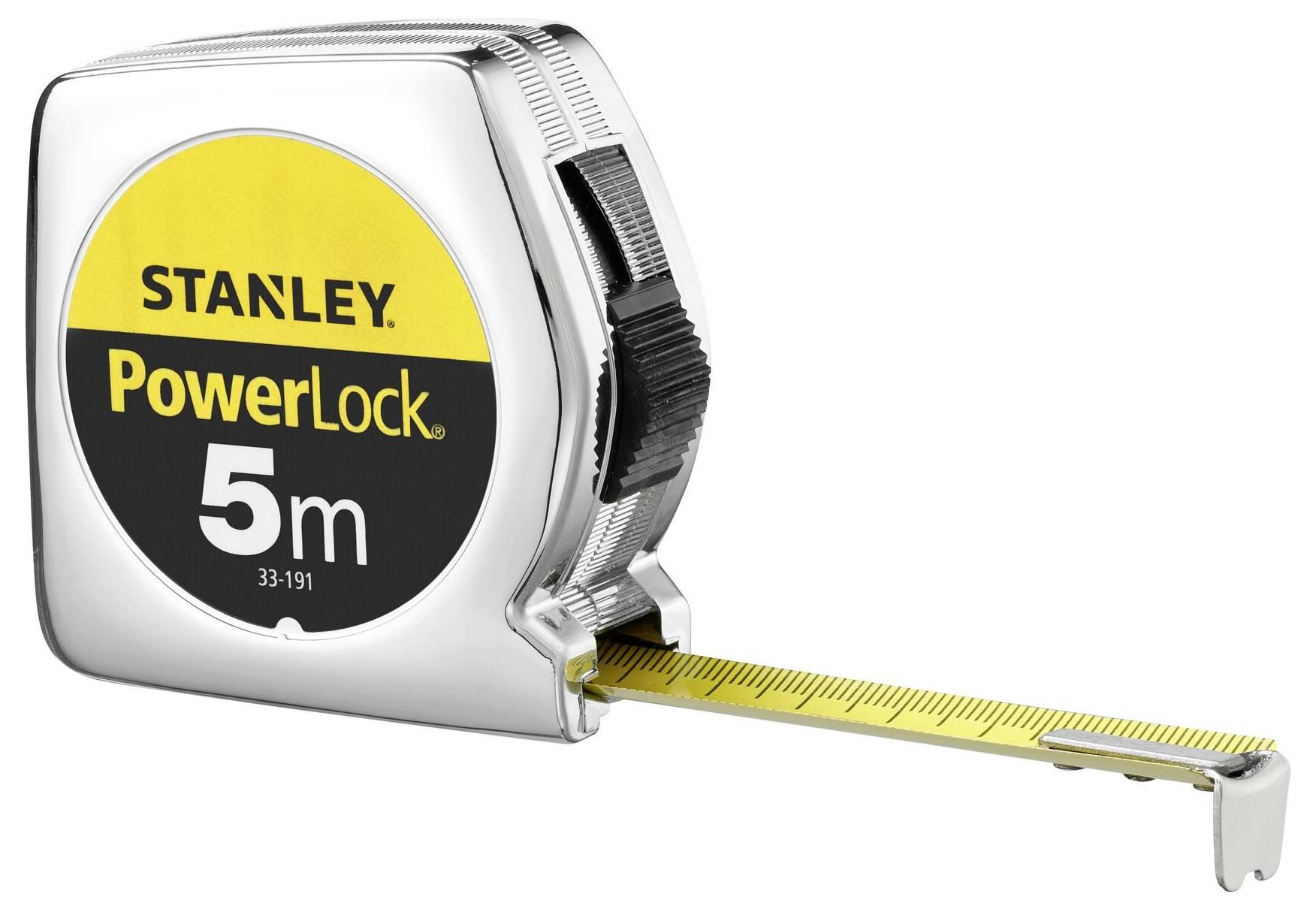 Ein silbernes Maßband der Marke Stanley mit gelber Skala und schwarzem Schieber, ausgezogen auf etwa 10 cm. Markierung 'PowerLock' und '5m'.