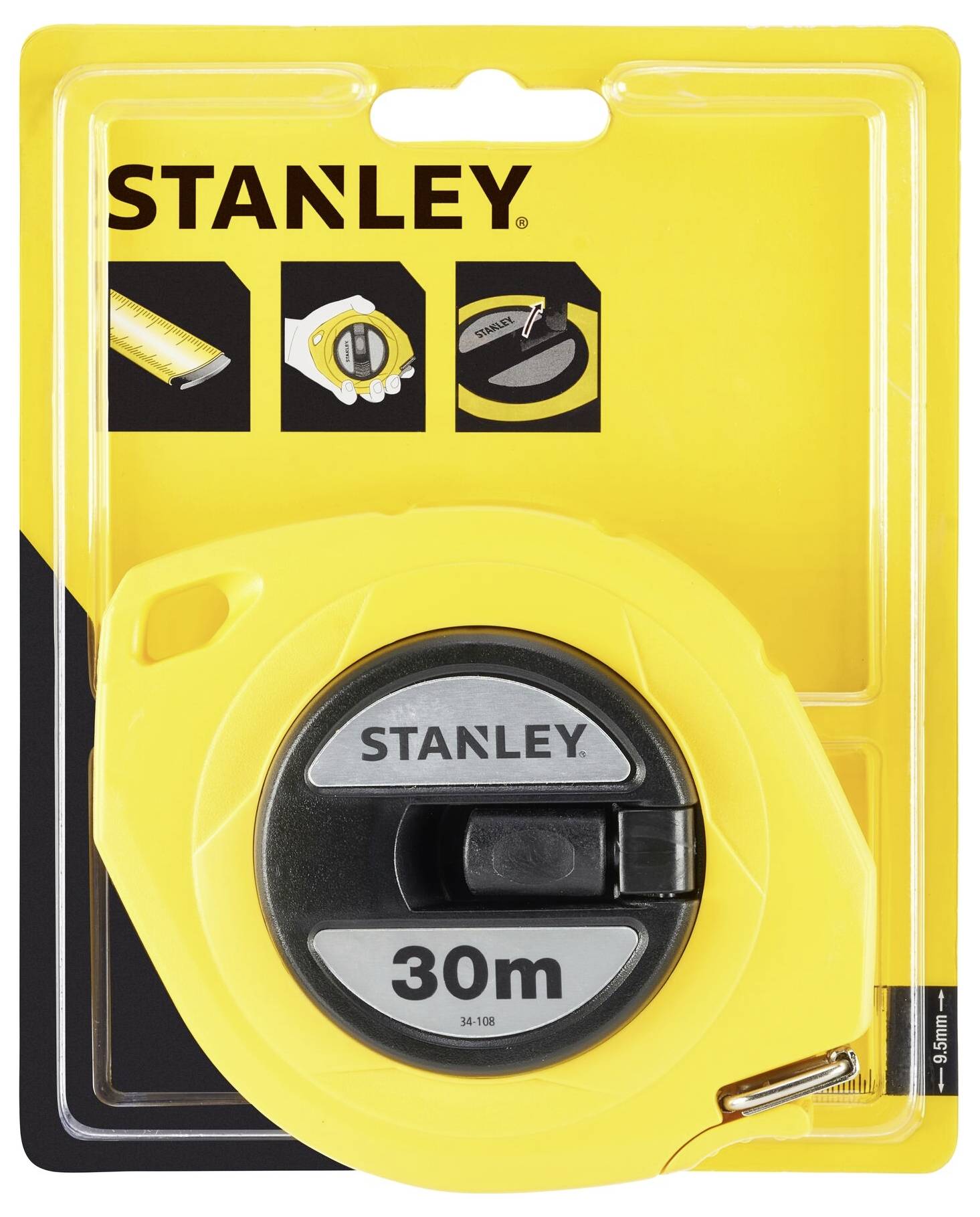 Gelbes Stanley Maßband in Verpackung, Länge: 30 m. Verpackung zeigt drei Anwendungsbilder: Messen, Arretierung, Aufrollen.