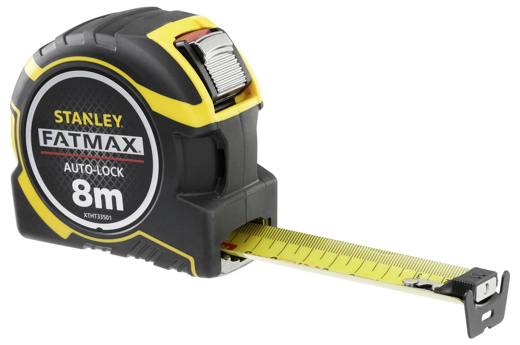 Ein Stanley FATMAX Maßband mit automatischer Arretierung, ausgezogen auf etwa 1 Meter. Es hat eine Länge von bis zu 8 Metern.