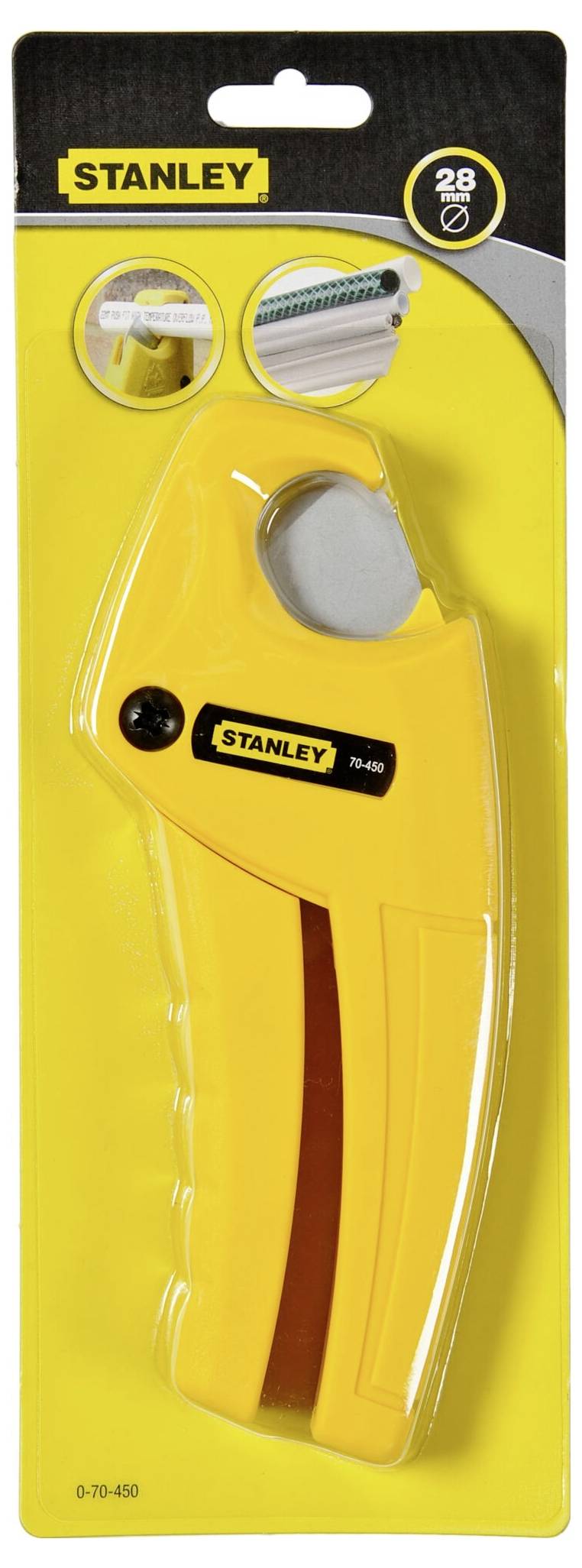 Handkabelschneider in gelbem Stanley-Verpackung. Verpackung zeigt Bilder der Anwendung und Artikelnr. 0-70-455, geeignet für Kabel bis 28 mm.