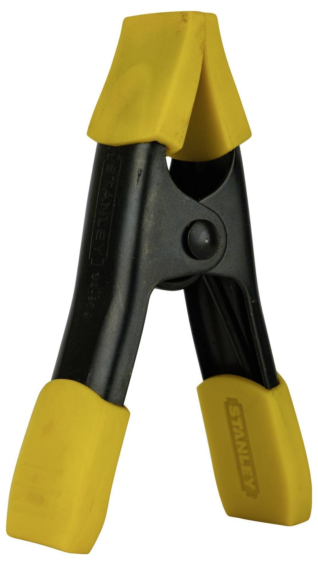 Eine schwarze Federklemme mit gelben Griffen und Backen.