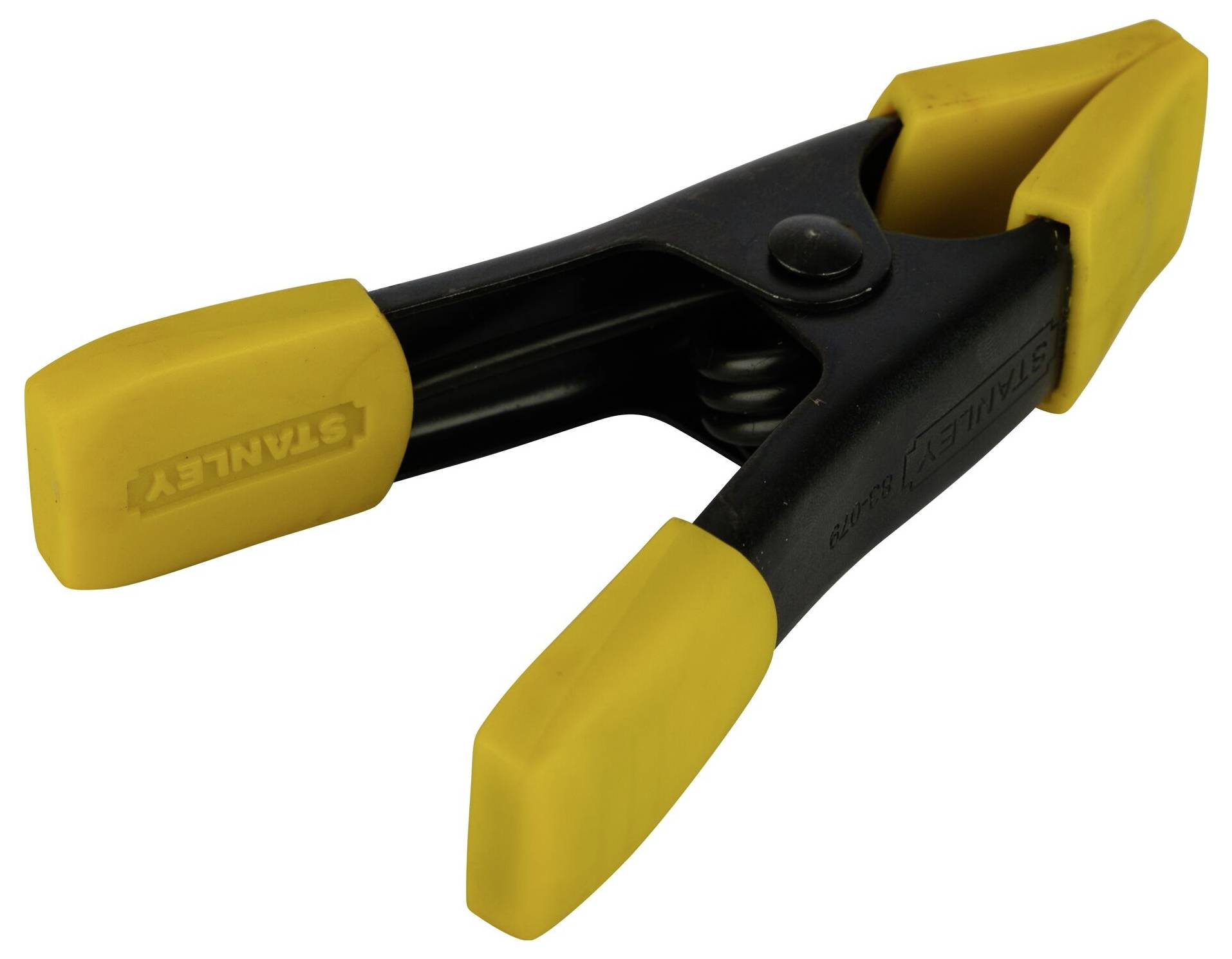 Schwarze Kunststoffklemme mit gelben Griffen, seitlicher Markenname sichtbar. Verwendet zum Fixieren von Gegenständen.