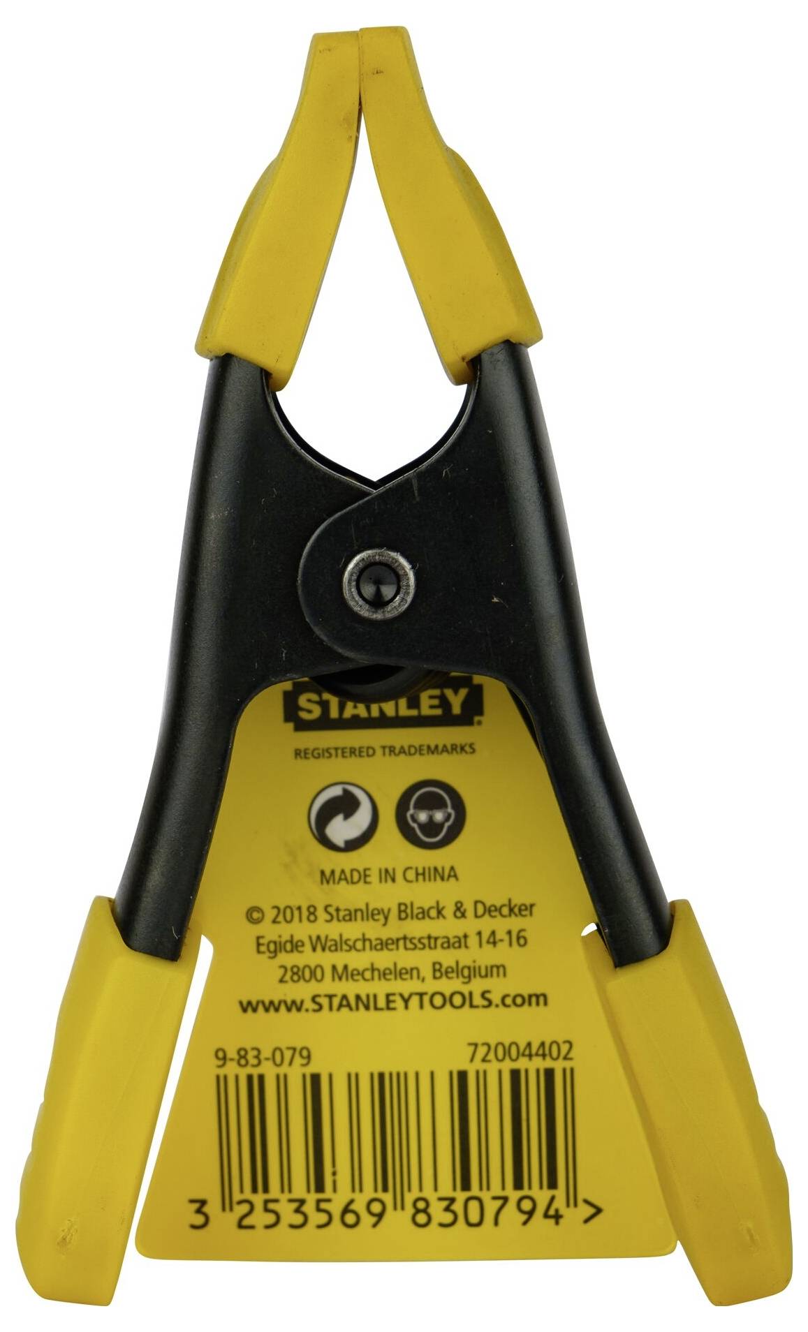 Gelbe Klemmzange von Stanley, hergestellt in China, dargestellt aufrecht. Text auf der Zange beinhaltet Herstellerinformationen.