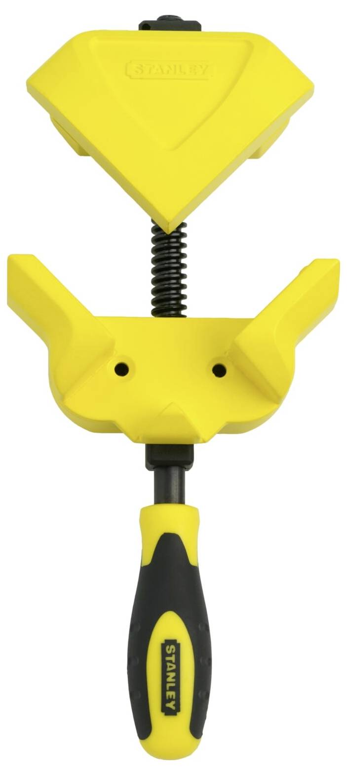 Ein gelber Schraubstock mit Griff, der verwendet wird, um Werkstücke beim Bearbeiten stabil zu halten.