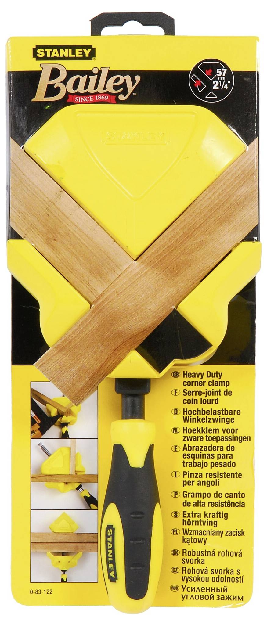 Schraubzwinge in Verpackung mit gelbem Griff. Geeignet für schweres Klemmen von Holzverbindungen. Marke 'Stanley Bailey'.