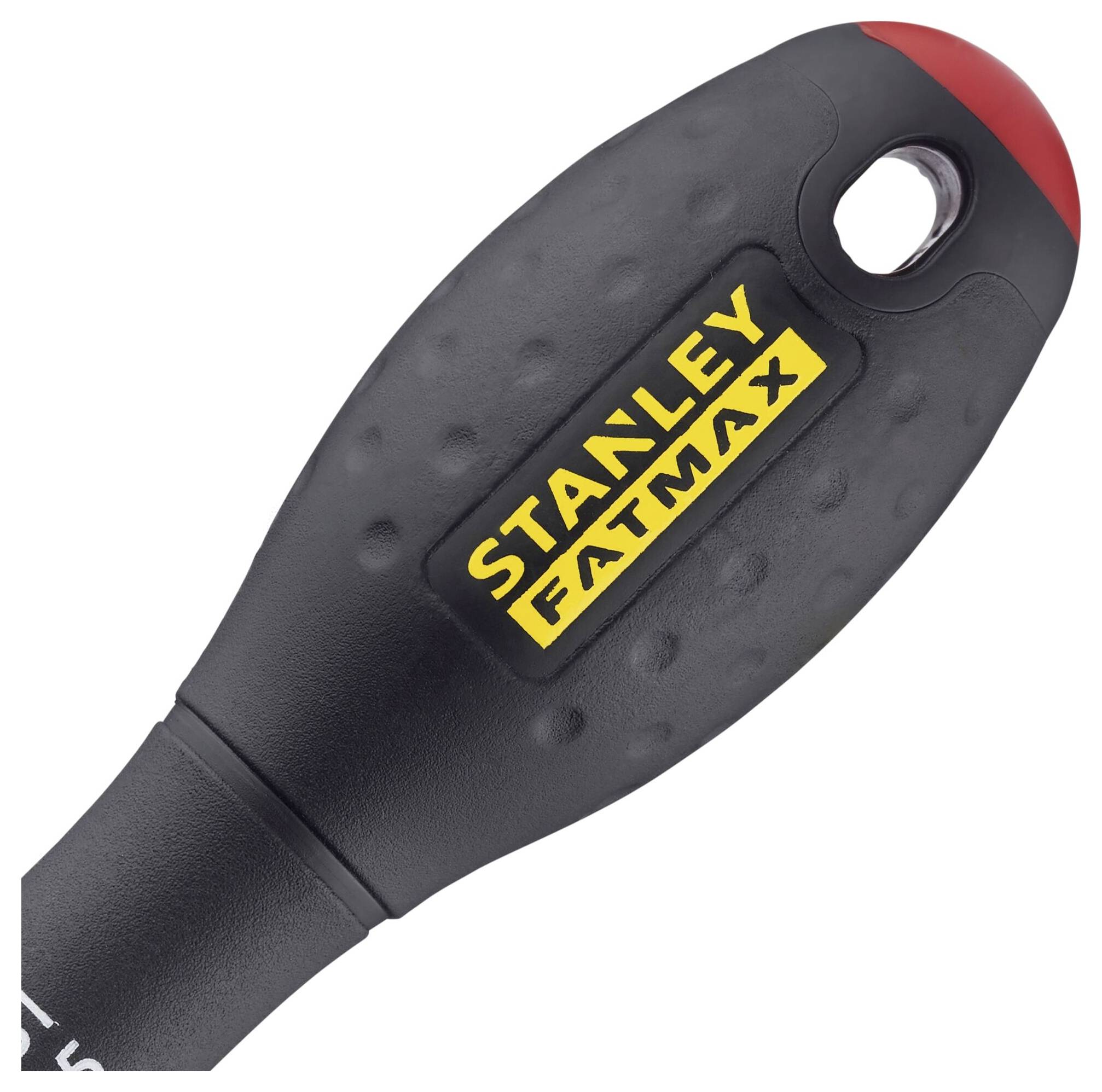 Schwarzer Griff eines Stanley FatMax-Werkzeugs mit gelbem Logo und rotem Endstück, strukturiert für besseren Halt.