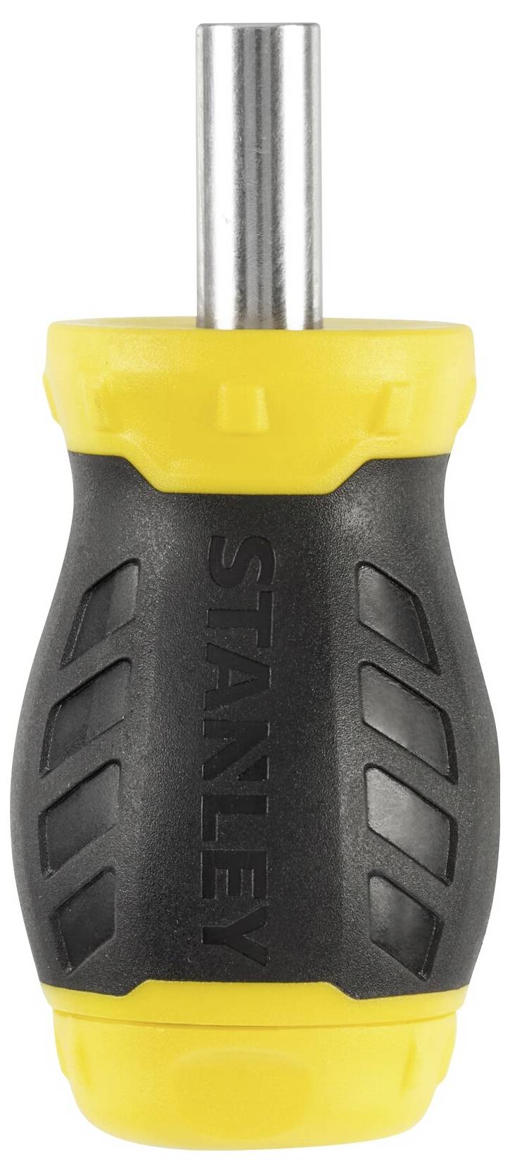 Ein kurzer Schraubendrehergriff mit gelbem und schwarzem Gummiüberzug, geeignet für einfache Anwendungen und Transporte.