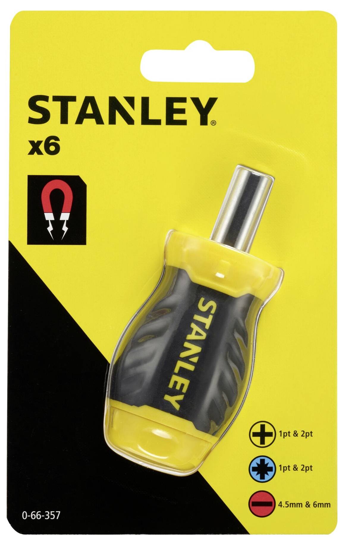 Verpackung für einen Stanley-Schraubendreher mit sechs Bits. Zeigt symbolisch die Magnetfunktion und verschiedenen Bitgrößen.