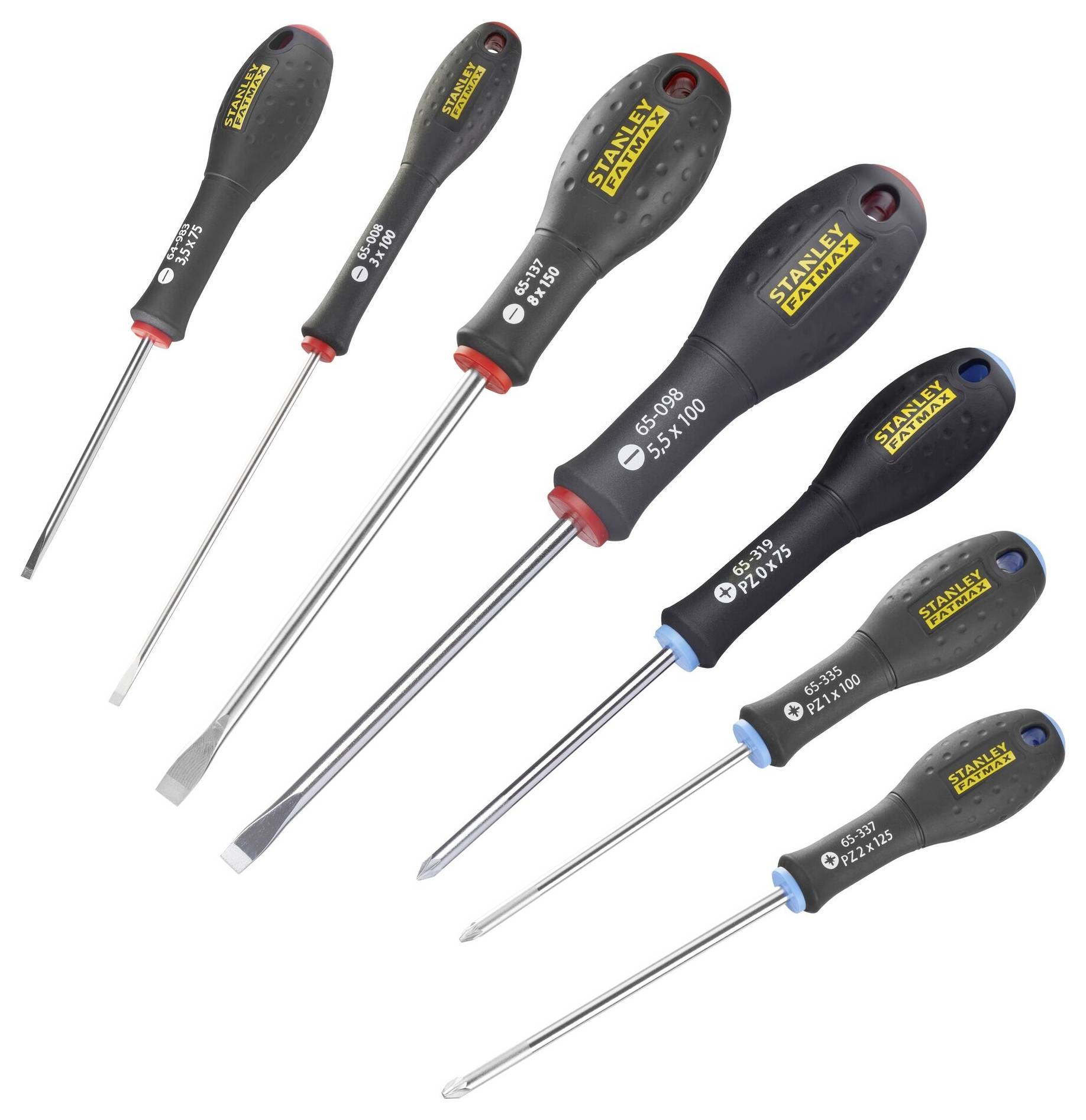 Siebenteiliges Schraubendreher-Set mit unterschiedlichen Klingenarten, jeweils mit ergonomischen, schwarzen Griffen und Markierungen.
