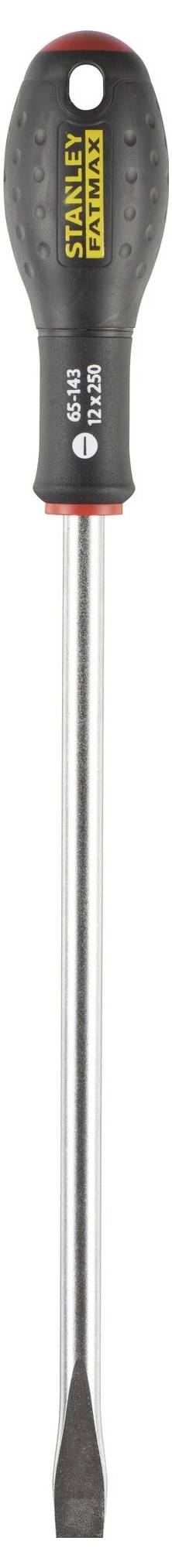 Schlitzschraubendreher mit schwarzem Griff und der Aufschrift 'STANLEY' am Griffende. Stahlklinge mit flacher Spitze.