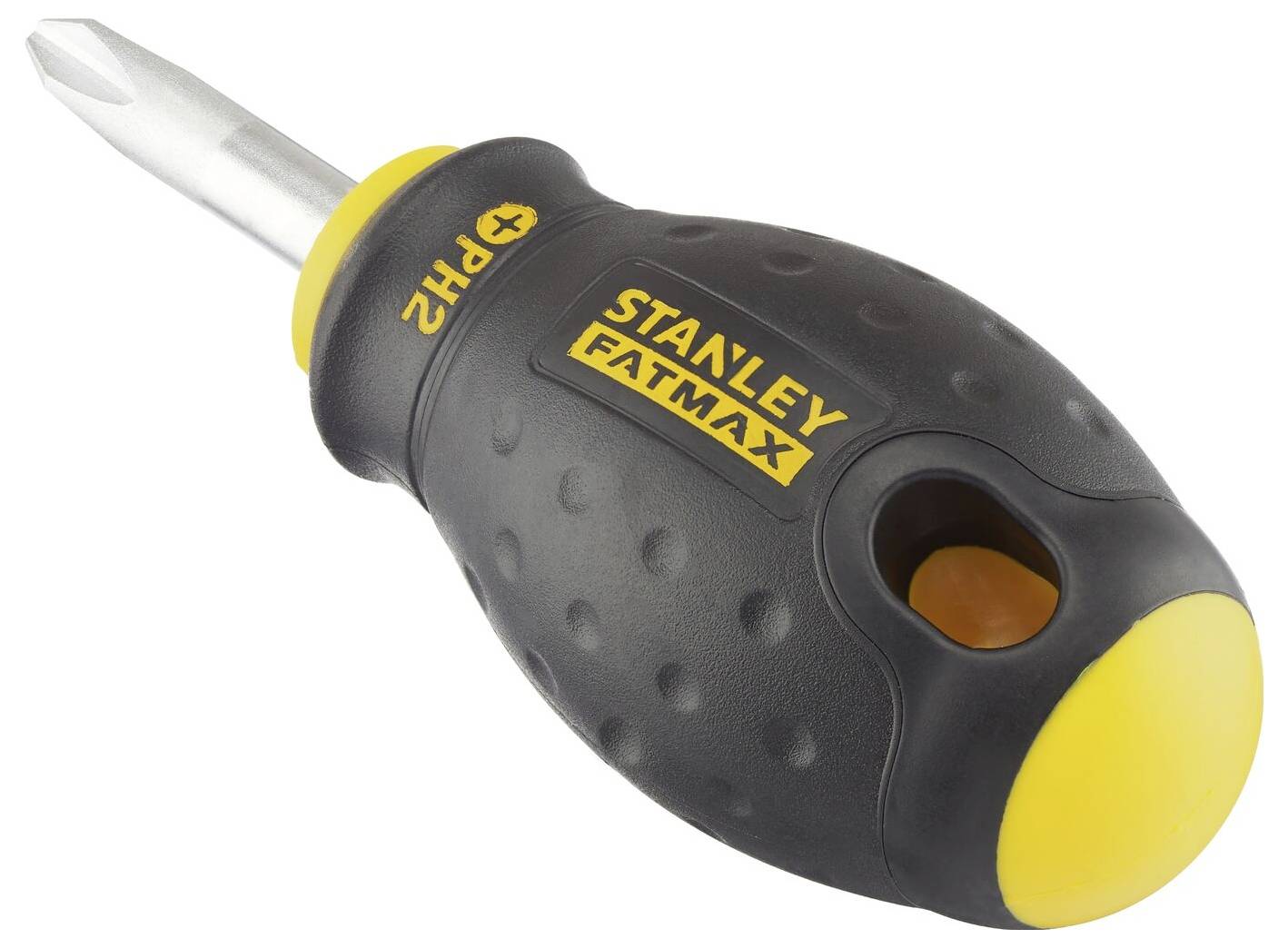 Ein schwarzer Stanley FatMax Schraubendreher mit gelben Akzenten und PH2 Kreuzschlitzklinge, ideal für diverse Schraubarbeiten.