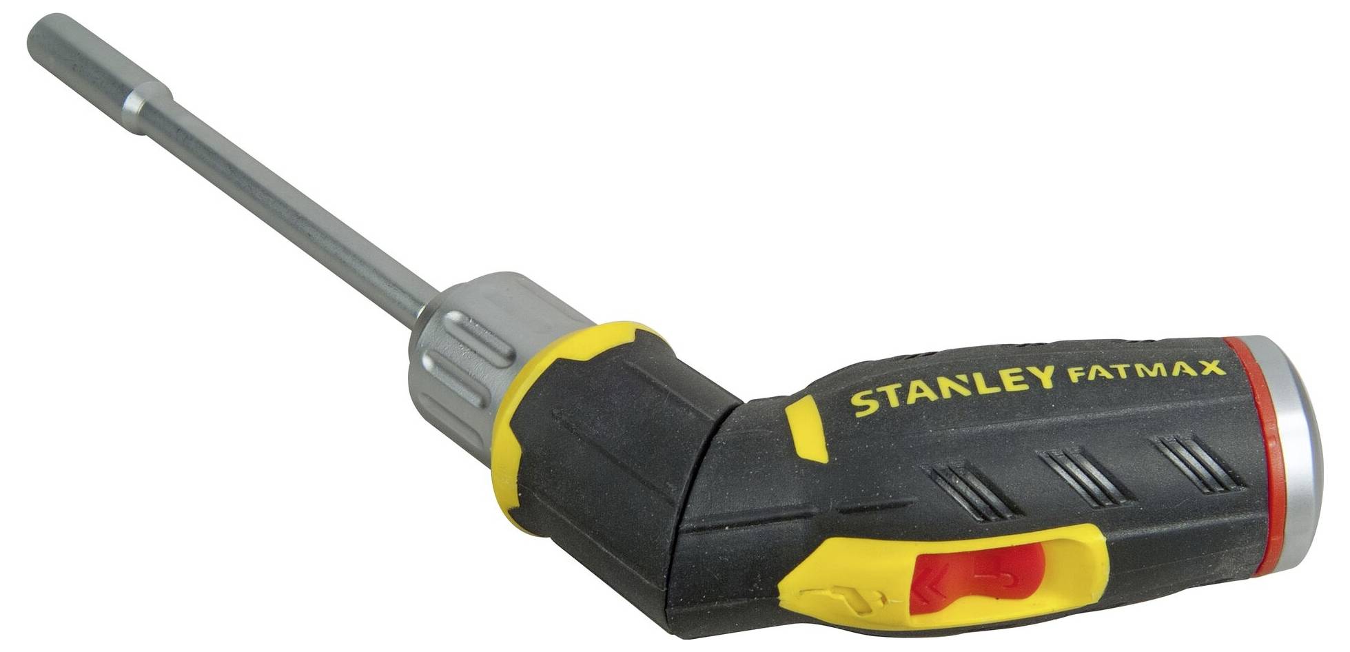 Ein schwarzer und gelber Knickschraubendreher mit rotem Schalter. Gekennzeichnet als 'Stanley Fatmax'. Ideal für enge Räume.