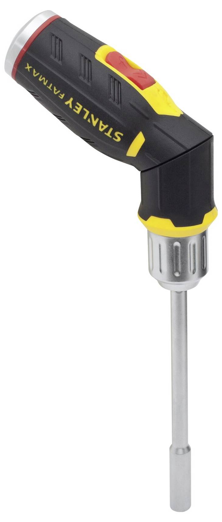 Ein schwarzer Schraubenzieher mit gelben und roten Akzenten. Der Griff ist ergonomisch geformt für besseren Halt.