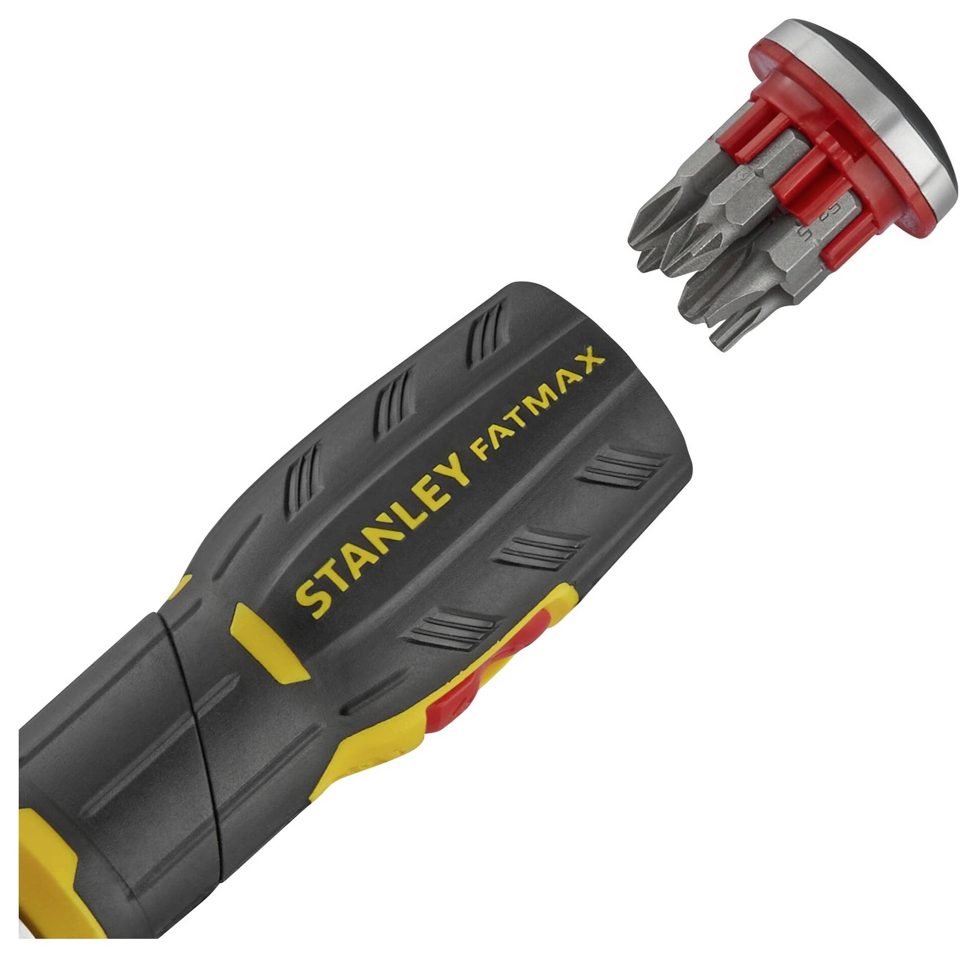 Ein schwarzer Stanley Fatmax-Schraubendreher mit gelben Akzenten, dessen Kopf abgenommen ist, zeigt mehrere Bits im Inneren.