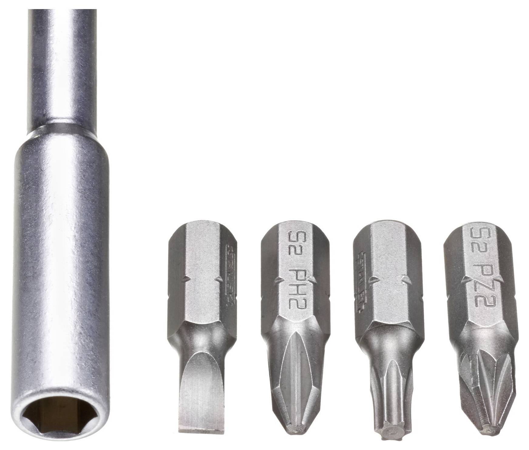 Vier Schraubendrehereinsätze und eine Verlängerung aus Metall. Einsätze mit unterschiedlichen Enden: Schlitz, Kreuzschlitz und Torx.