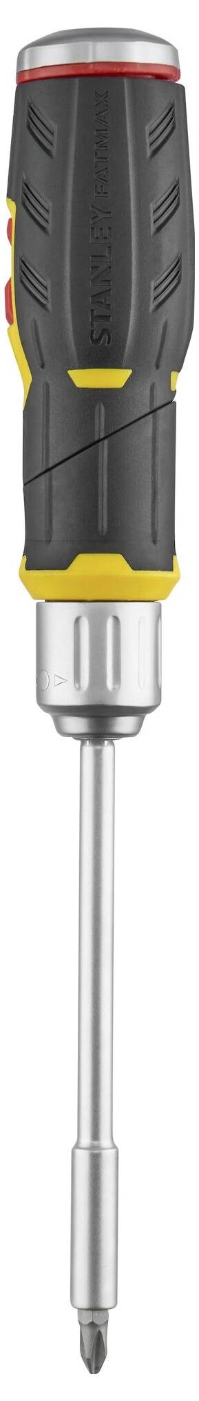 Ein Vielzweck-Schraubendreher mit ergonomischem Griff und austauschbarer Spitze, geeignet für verschiedene Schraubtypen.