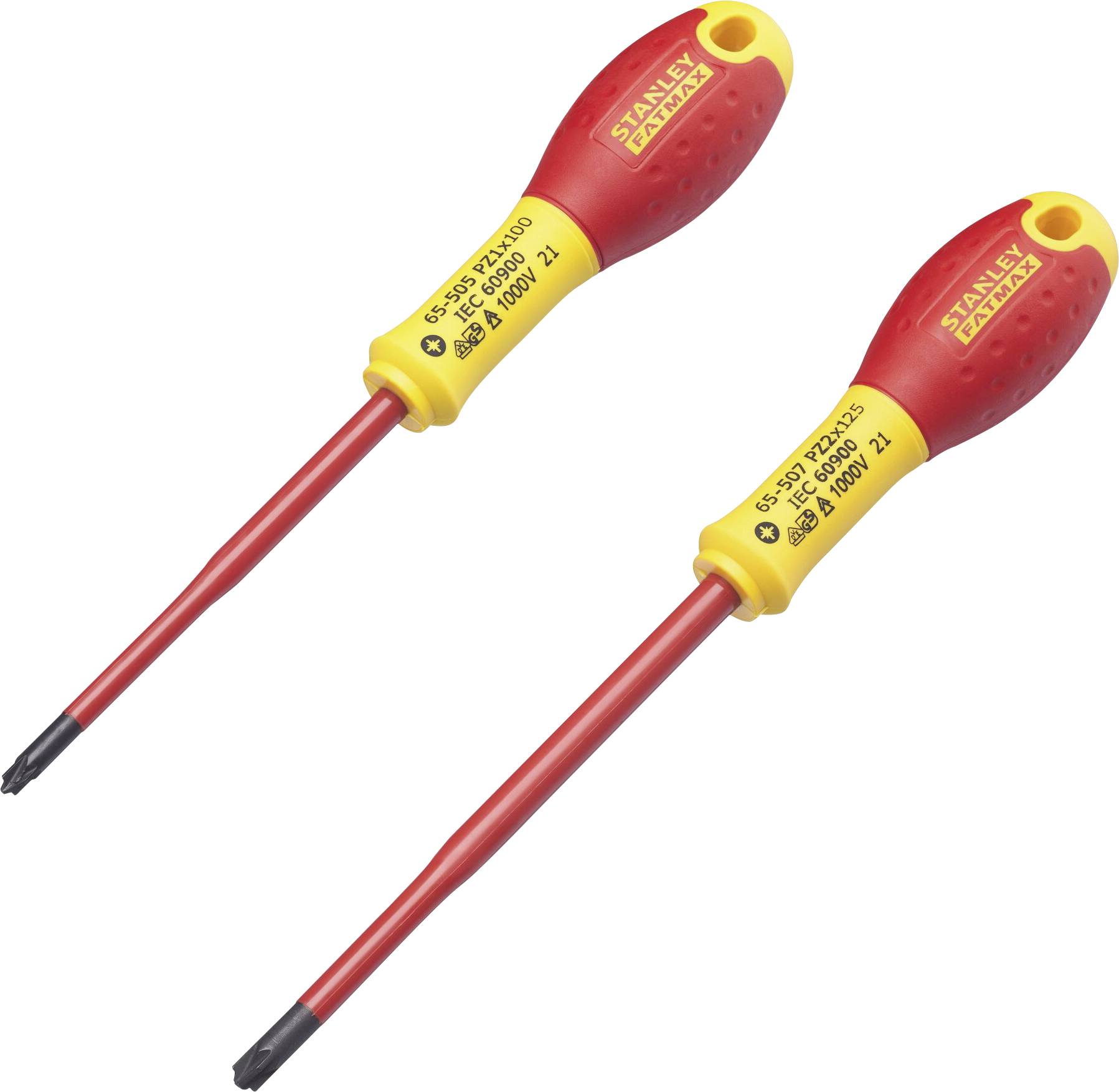 Zwei isolierte Schraubendreher mit gelb-rotem Griff und langem, schmalem Schaft. Geeignet für Arbeiten an elektrischen Geräten.