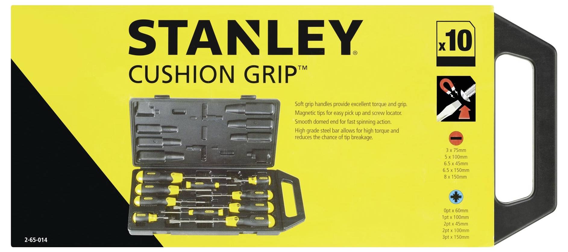 Ein Set von zehn 'STANLEY Cushion Grip' Schraubendrehern in einem schwarzen Etui, abgebildet auf gelbem Hintergrund mit Griff.