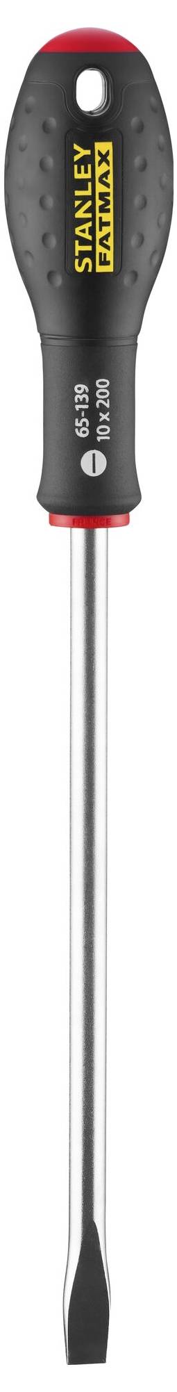 Schraubendreher mit flachem Kopf und schwarzem Griff mit gelbem Logo und rotem Detail an der Spitze, geeignet zum Schrauben von Schlitzschrauben.